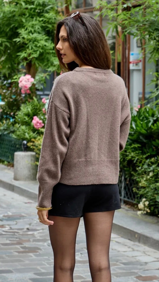 PULL V MANCHES COURTES EN LAINE MERINOS POUR FEMME NAIS MN12308#COLOR_TAUPE