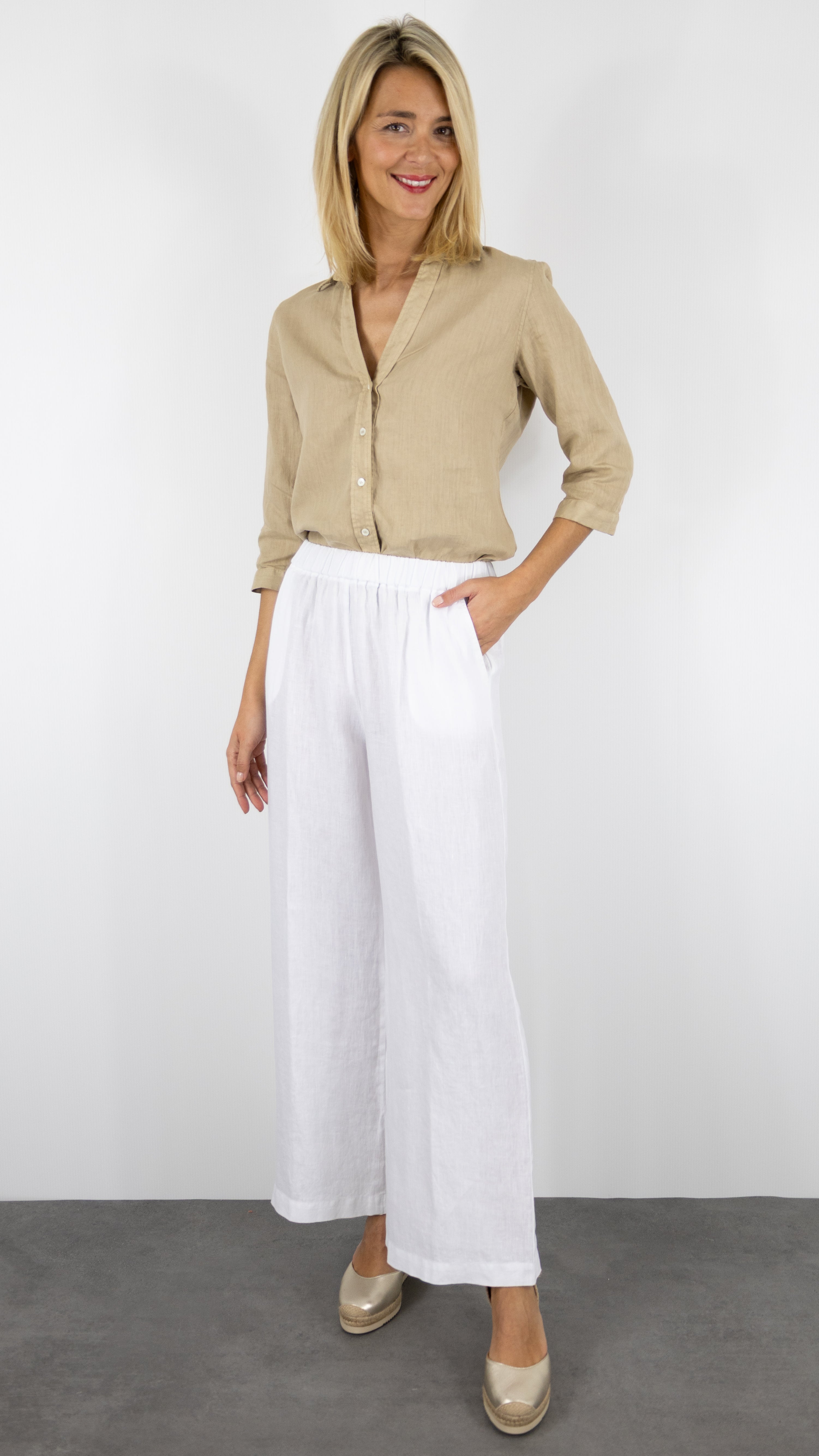 PANTALON LARGE EN LIN TAILLE ELASTIQUE ROSSO 35 N1774P/8000#COLOR_701/BLANC