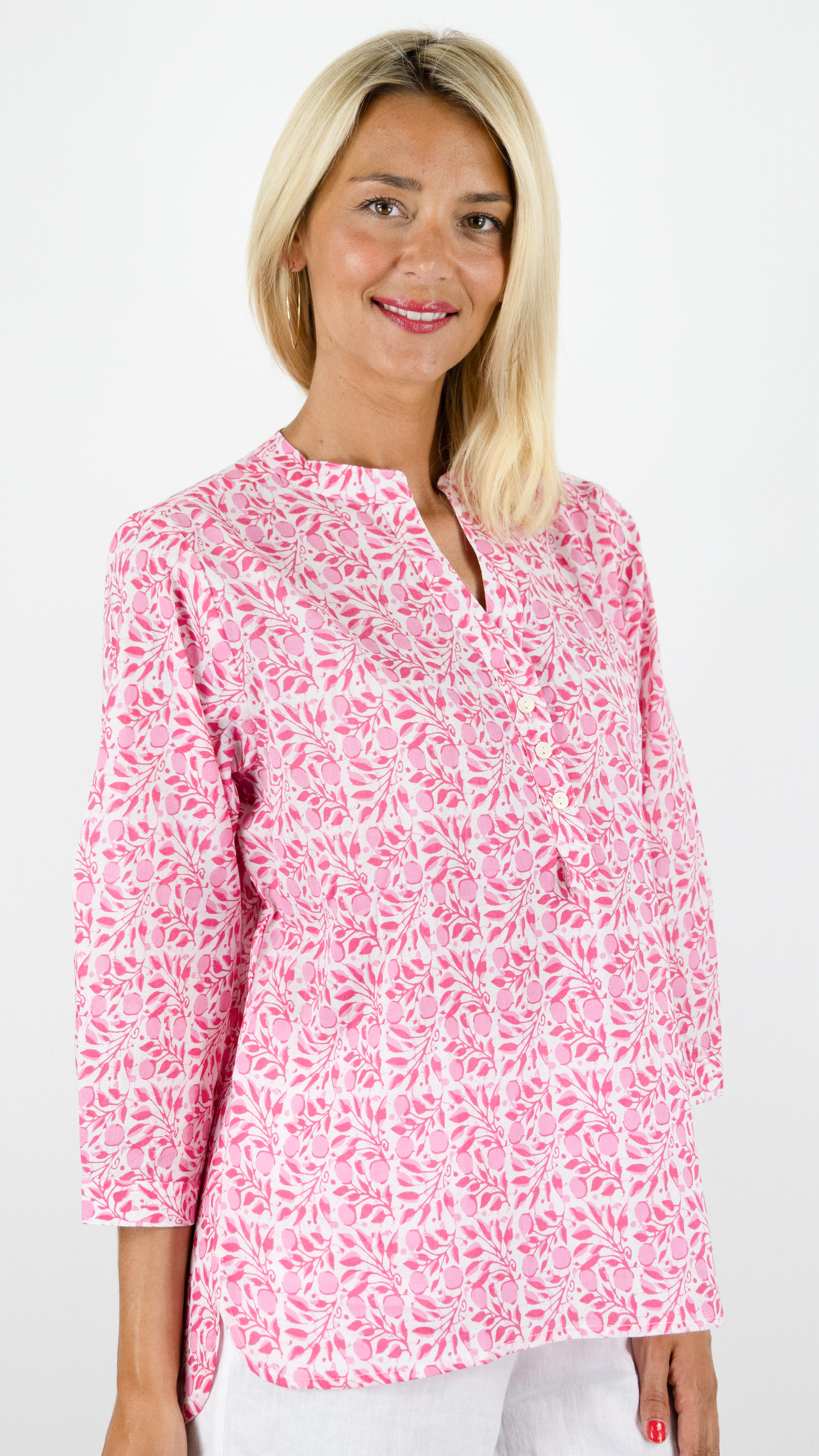 BLOUSE IMPRIMEE EN COTON POUR FEMME ROSE COL TUNISIEN TERRE ROUGE LA40 GOJI ROSE