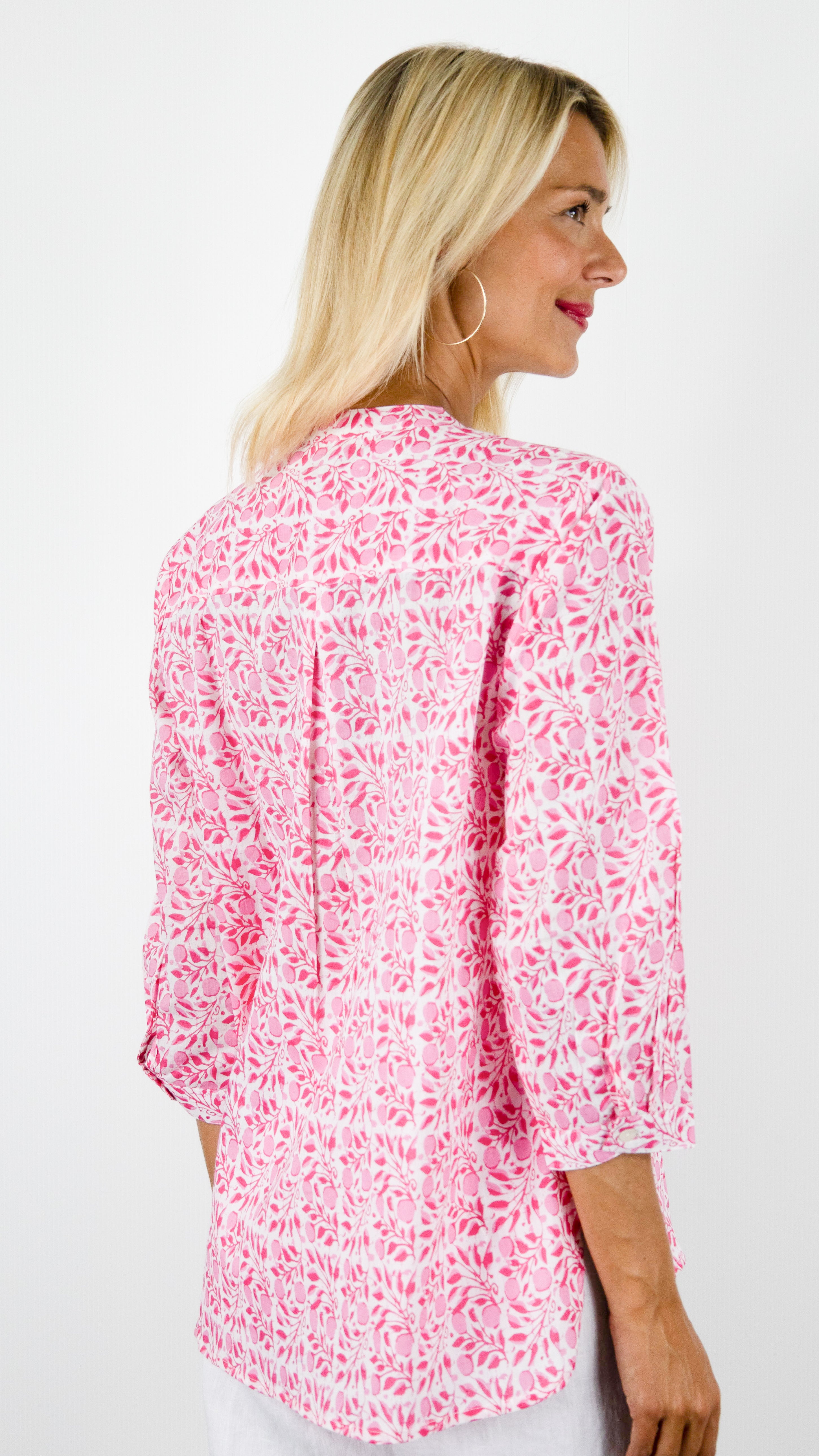 BLOUSE IMPRIMEE EN COTON POUR FEMME ROSE COL TUNISIEN TERRE ROUGE LA40 GOJI ROSE
