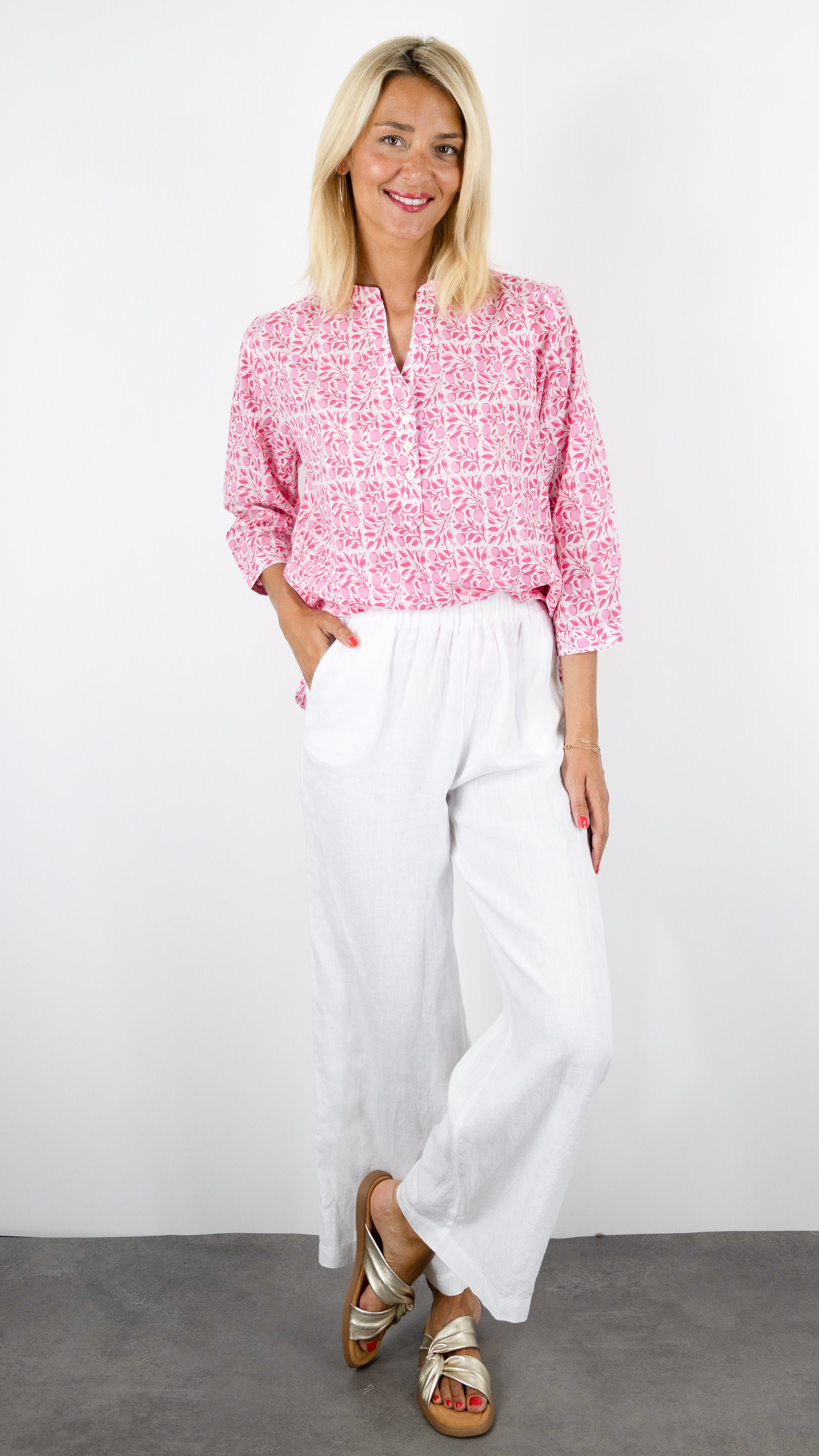 BLOUSE IMPRIMEE EN COTON POUR FEMME ROSE COL TUNISIEN TERRE ROUGE LA40 GOJI ROSE