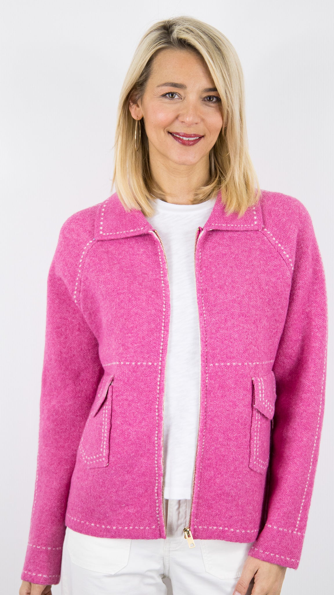 GILET ZIPPE COL POLO POUR FEMME AN'GE NIBA#COLOR_FUSHIA