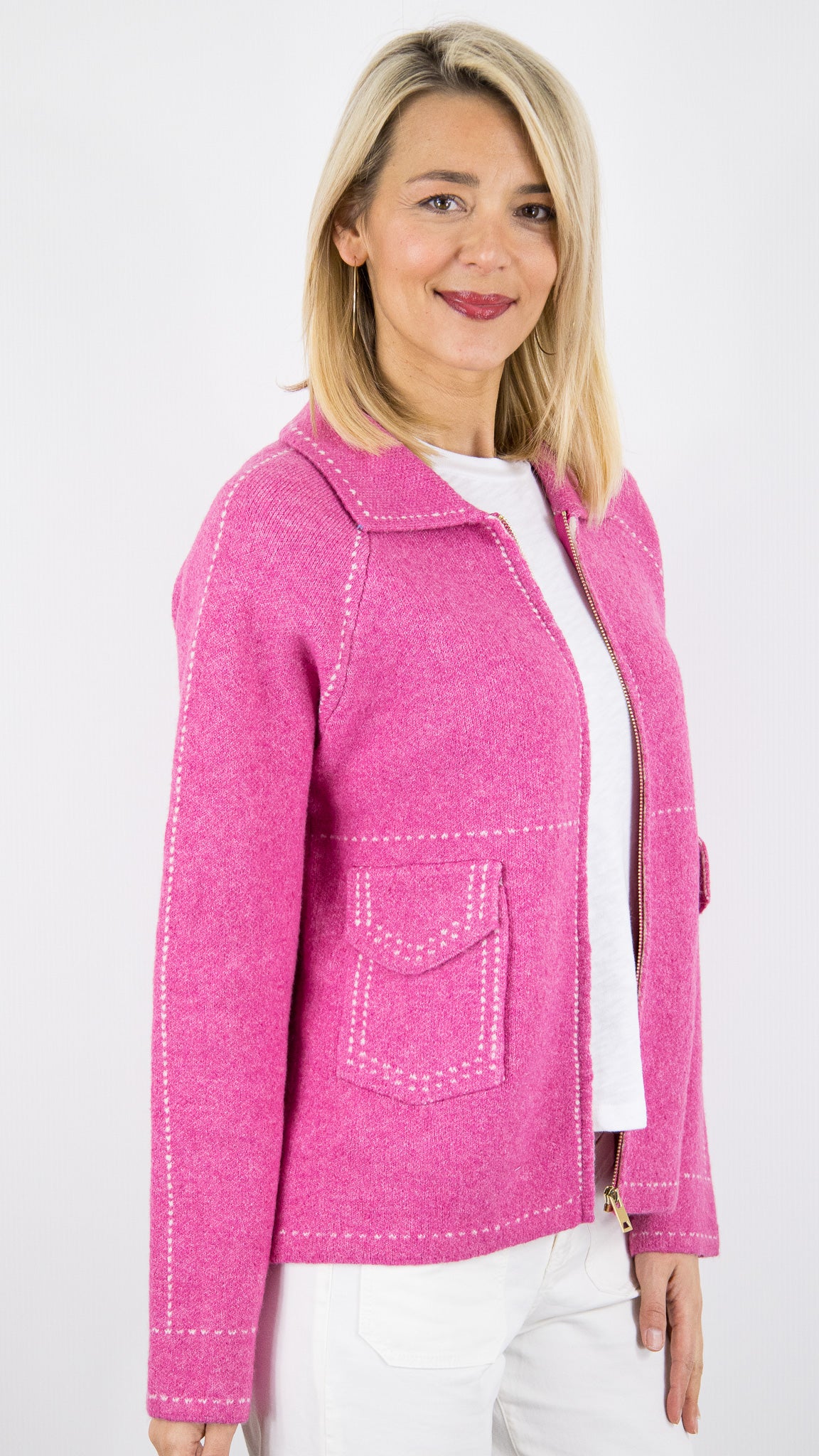 GILET ZIPPE COL POLO POUR FEMME AN'GE NIBA#COLOR_FUSHIA