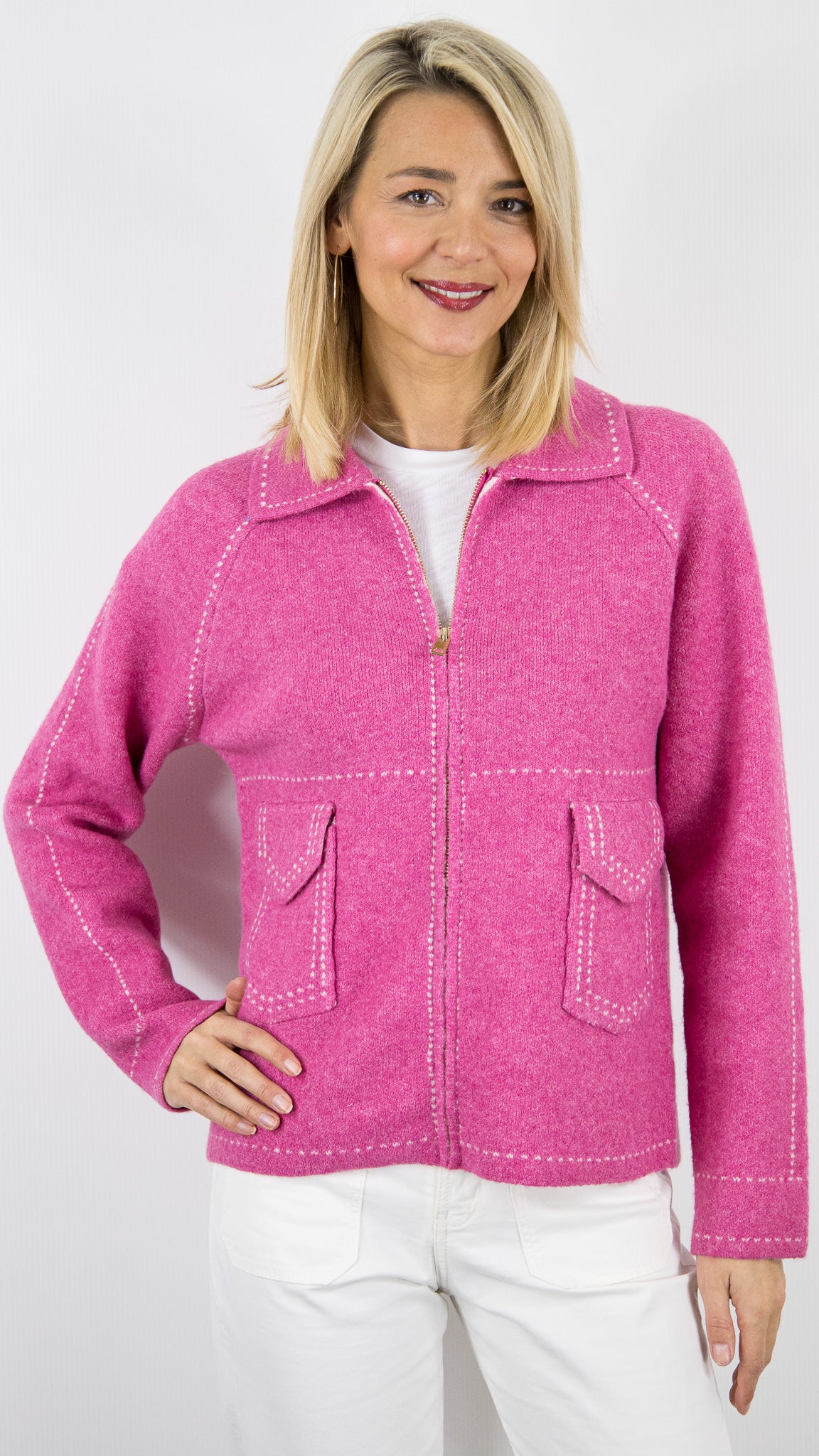 GILET ZIPPE COL POLO POUR FEMME AN'GE NIBA#COLOR_FUSHIA