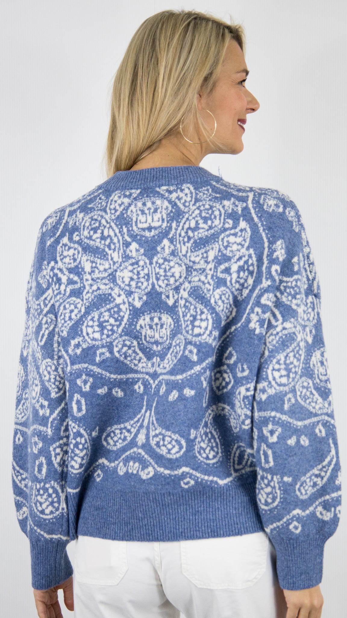 PULL COL ROND IMPRIME CACHEMIRE BLEU FEMME AN'GE NIDANA