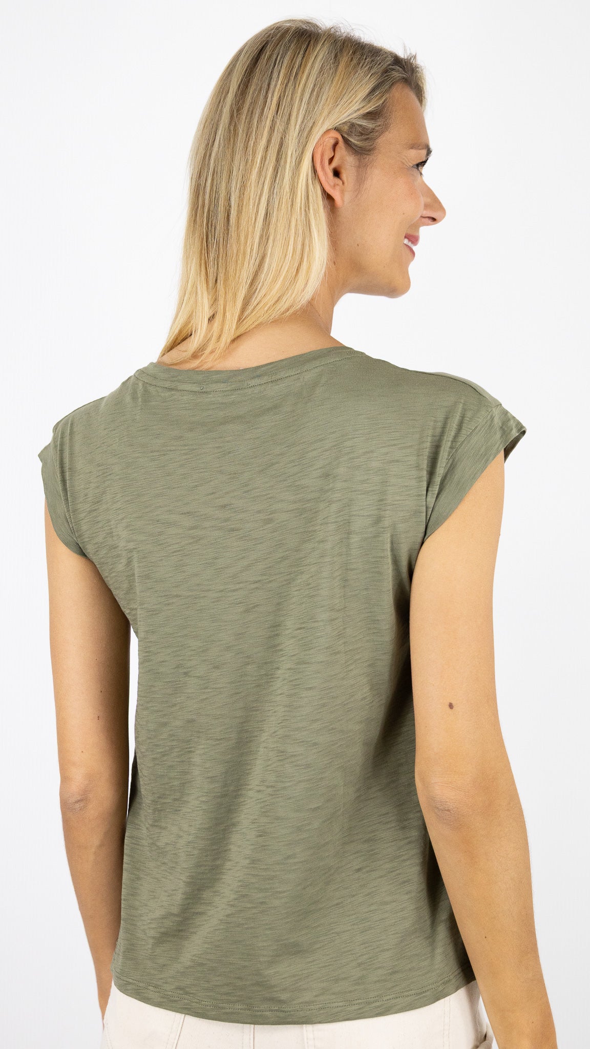 TEE-SHIRT RAS DE COU EN COTON PIMA MANCHES COURTES ANONYM NOELIA#COLOR_OLIVE FLAMME