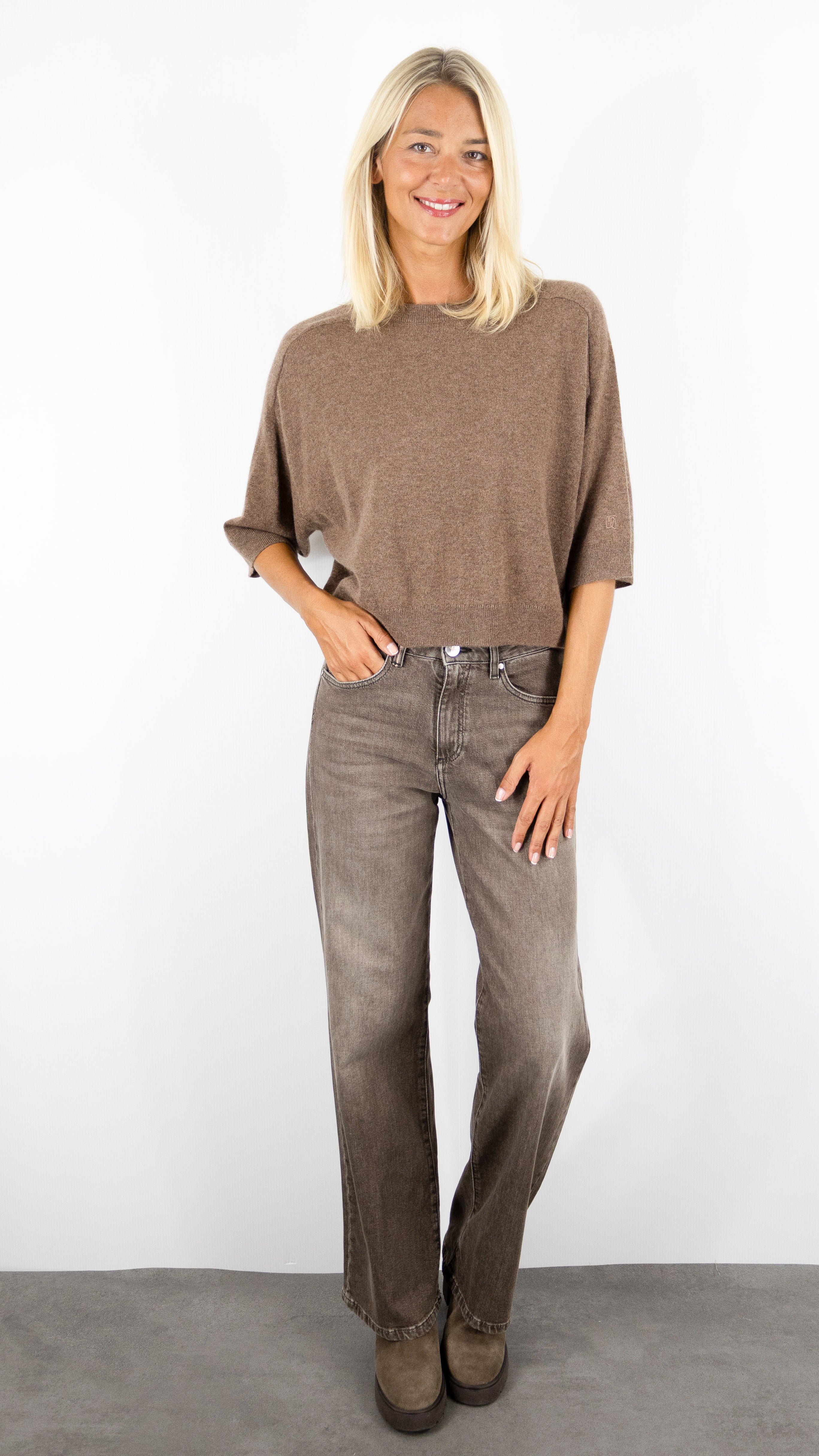 PULL COURT COL ROND MANCHES COURTES FEMME LILOU NOTSHY#COLOR_CAFE AU LAIT