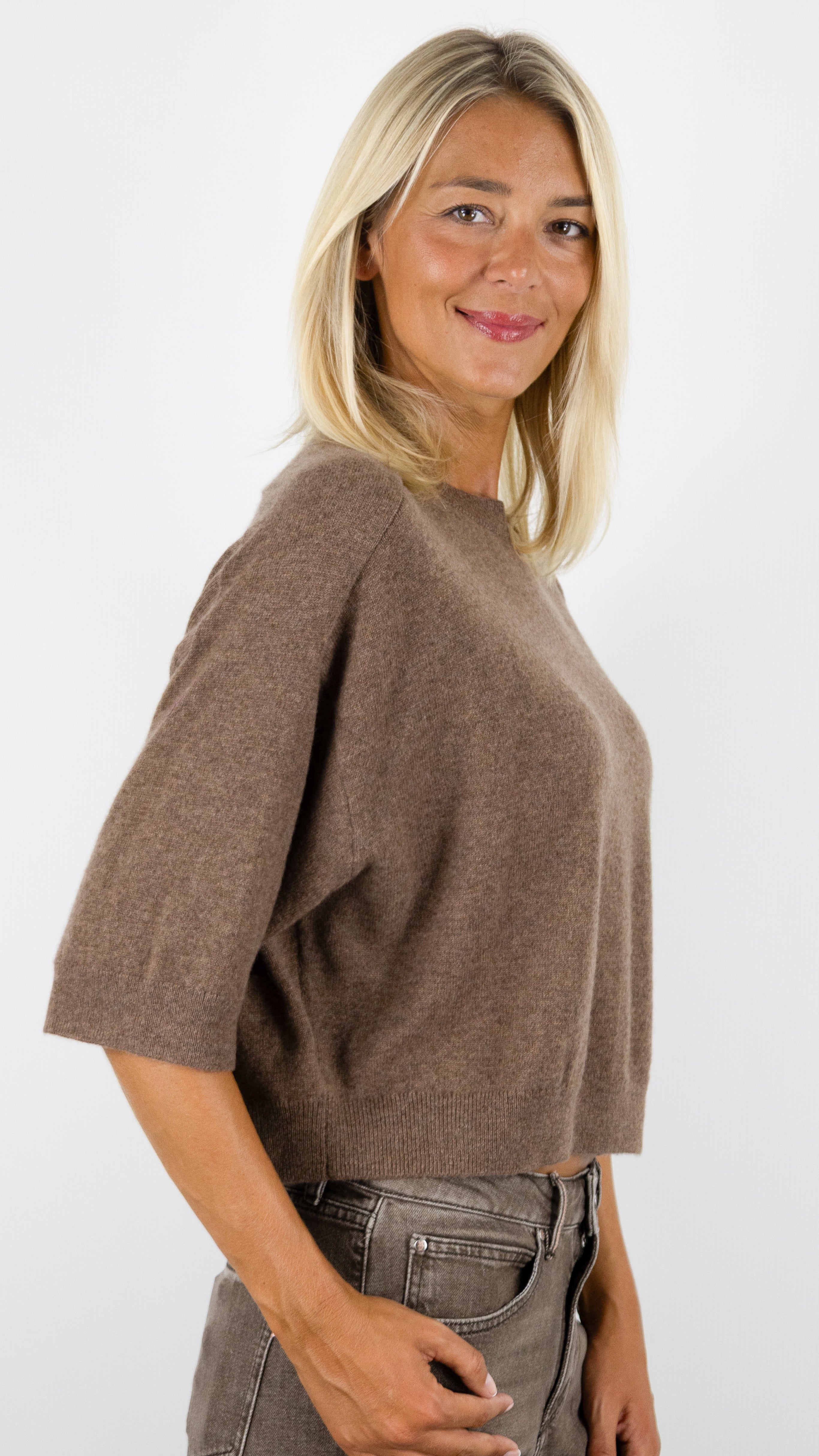 PULL COURT COL ROND MANCHES COURTES FEMME LILOU NOTSHY#COLOR_CAFE AU LAIT