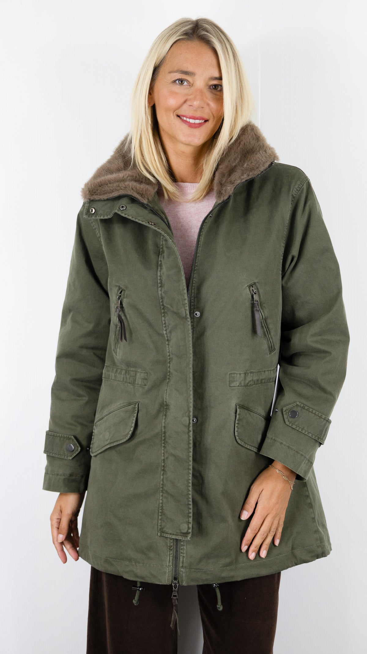 PARKA AVEC COL MONTANT EN FAUSSE FOURRURE KAKI POUR FEMME BLONDE N°8 ANTONIA