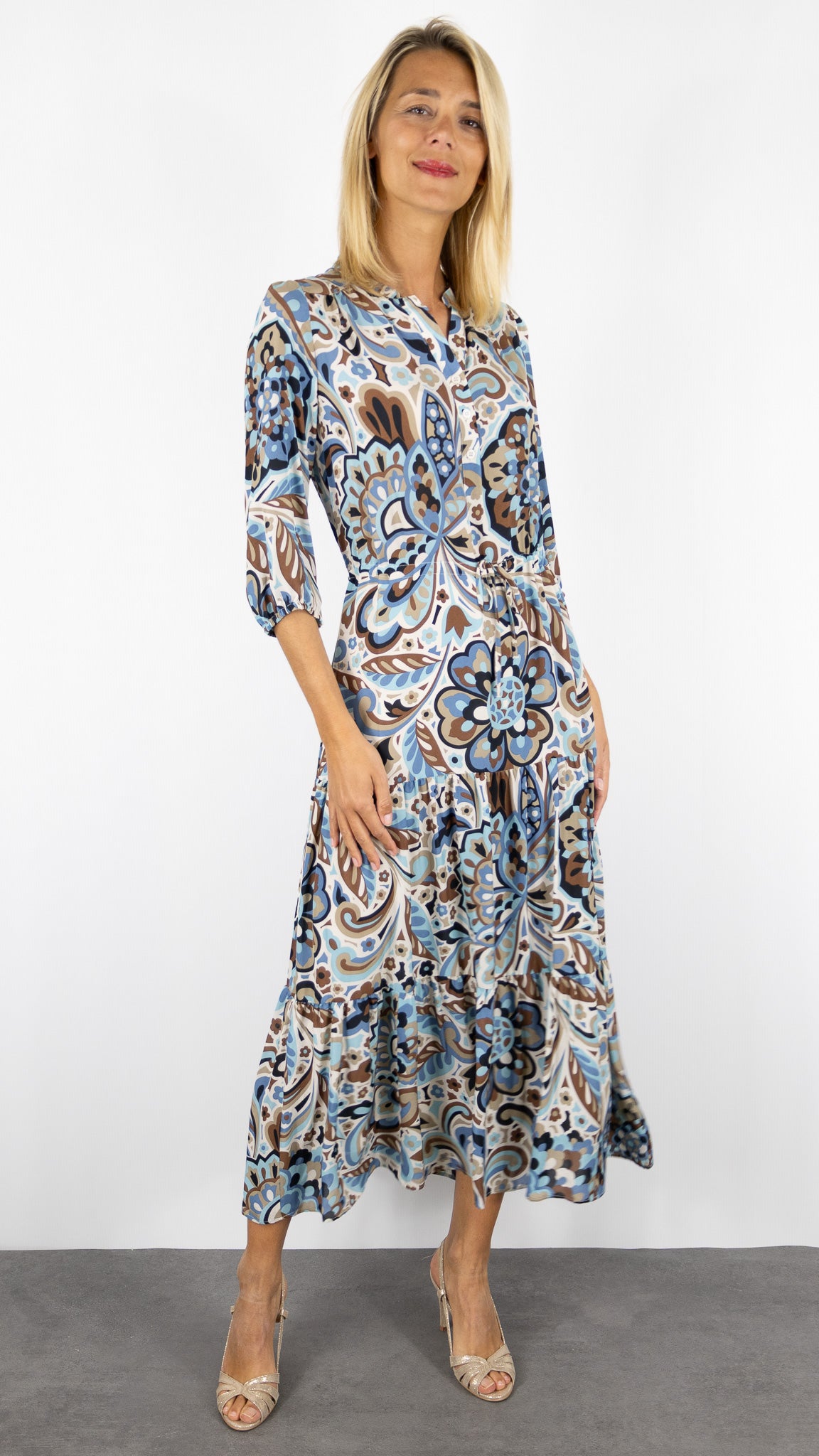 ROBE LONGUE IMPRIME FLORAL BEIGE BLEU GERARD DAREL PIO