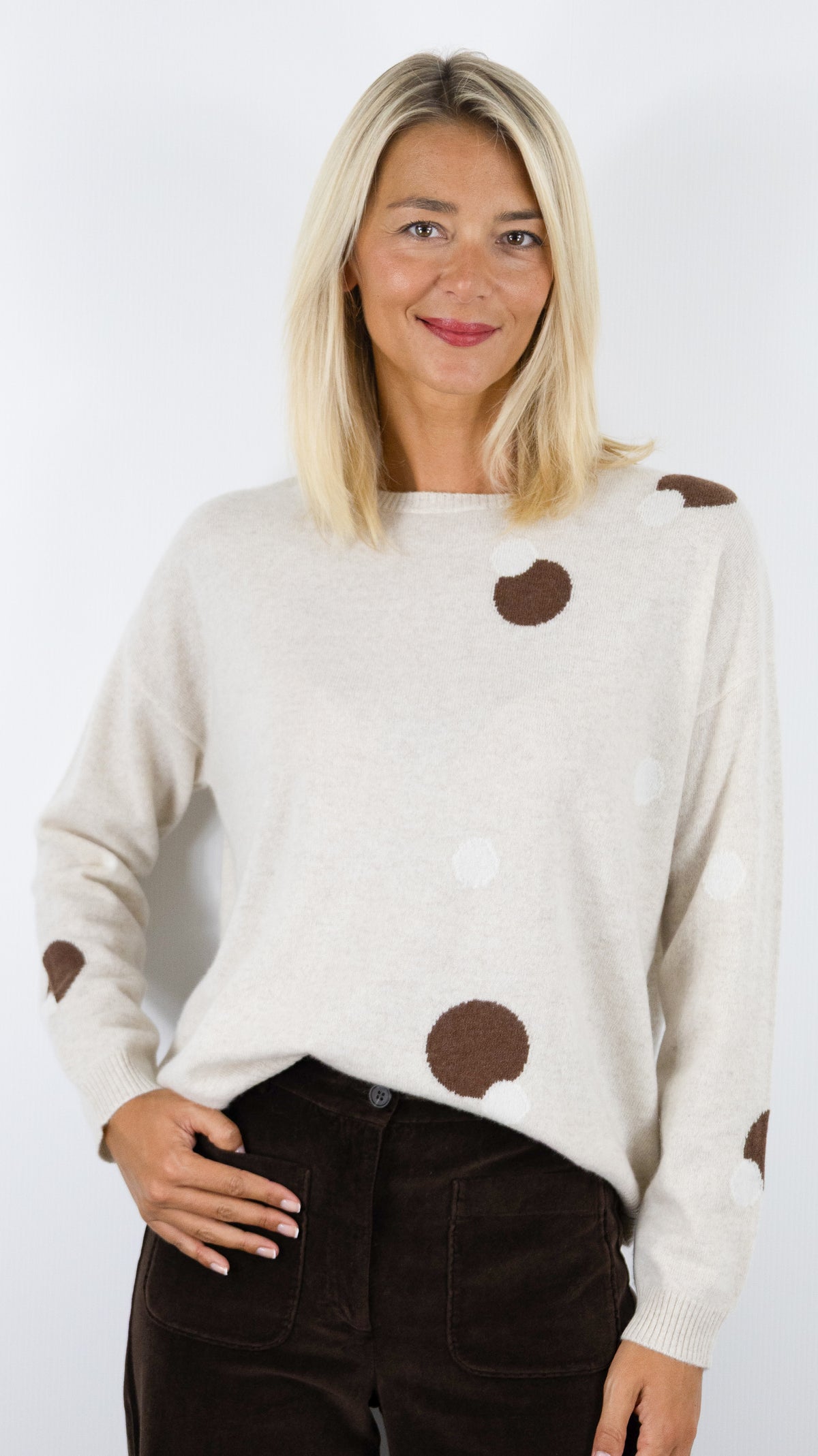 PULL COL ROND BEIGE IMPRIME PASTILLES POUR FEMME ESTHEME JF6W06C