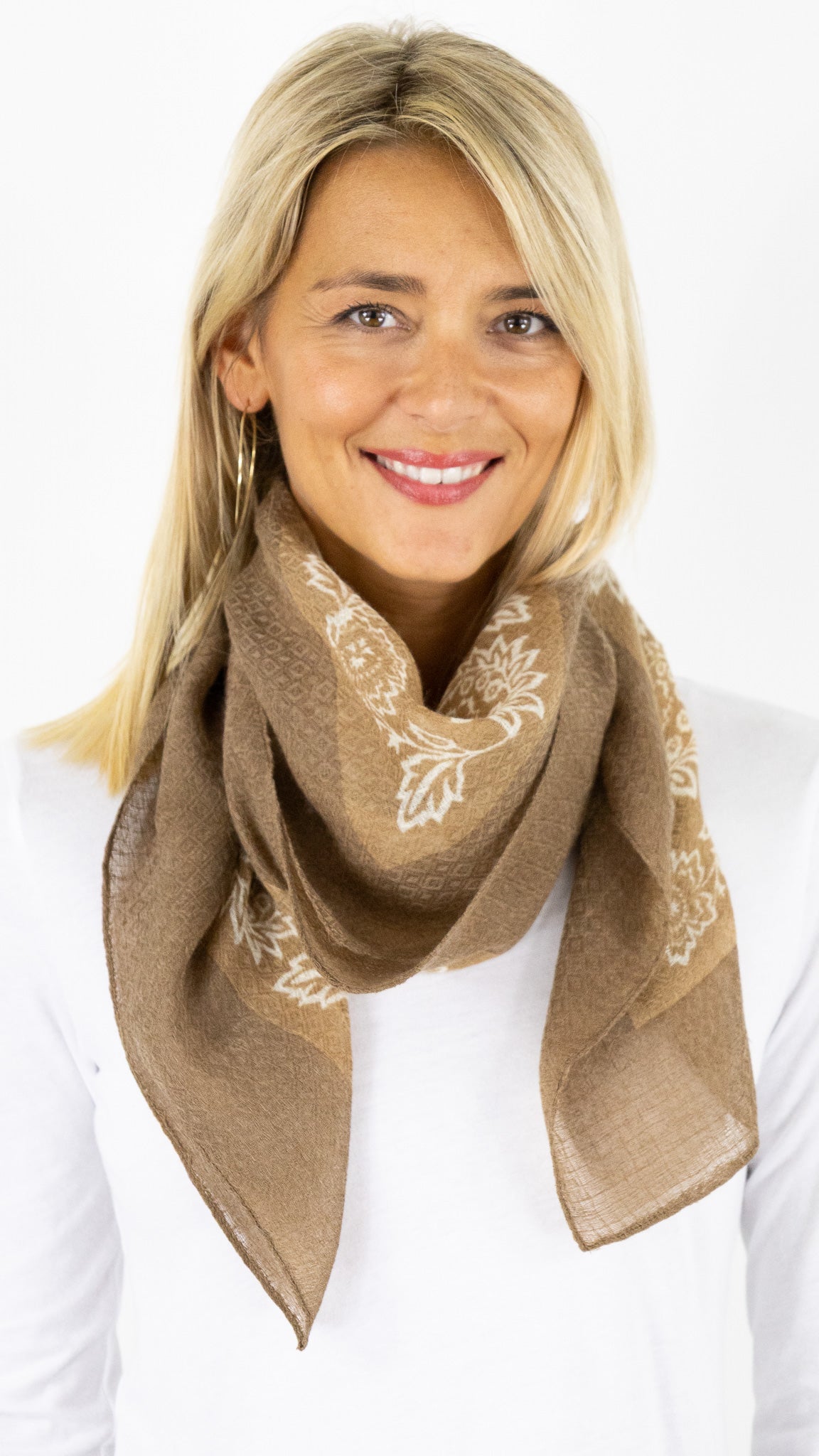 FOULARD FLEURI EN LAINE ET SOIE CAMEL PABLO RENELLE