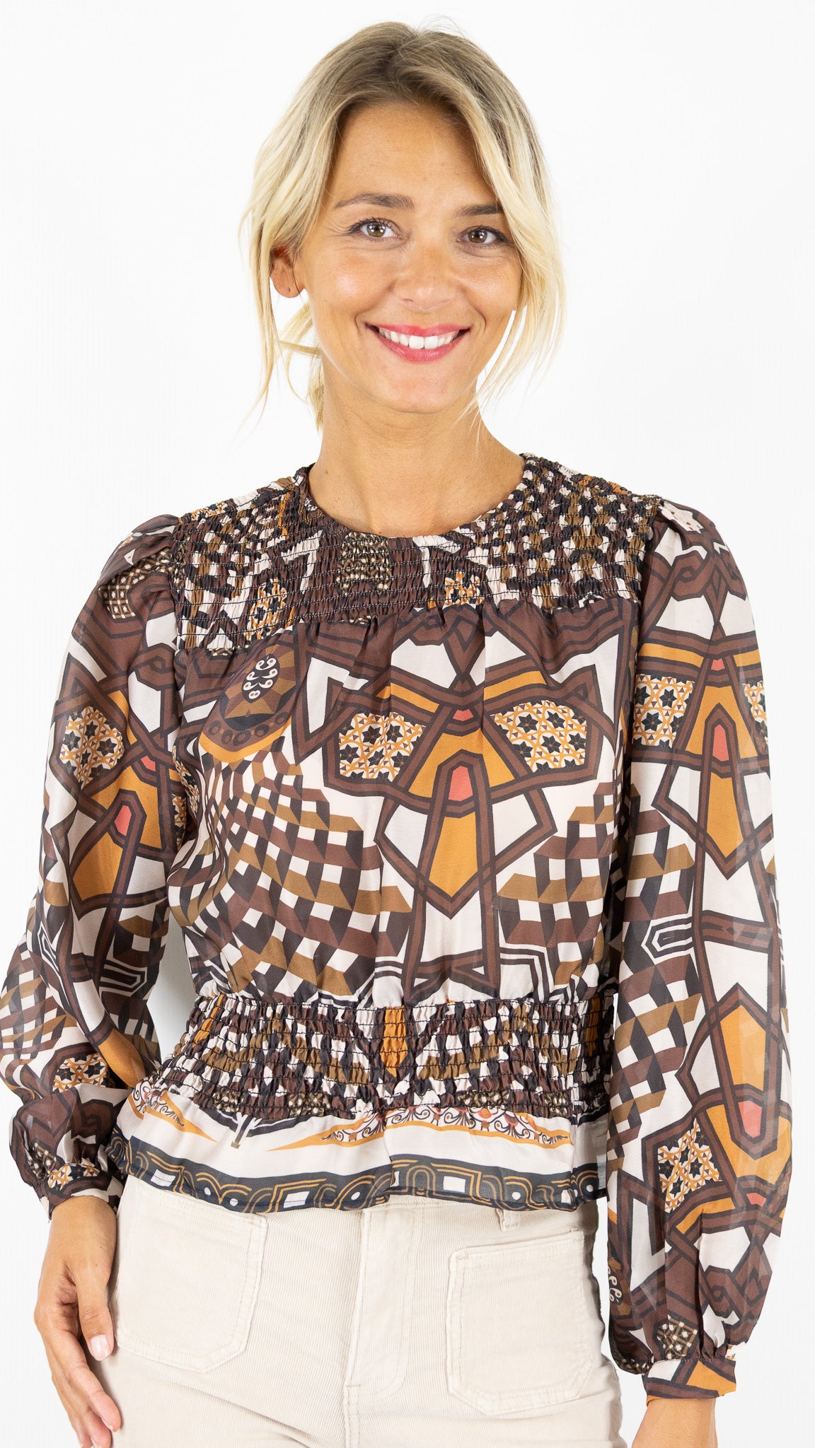 BLOUSE SMOCKEE IMPRIME ETHNIQUE MARRON FEMME FLUIDE AN'GE SALVAT