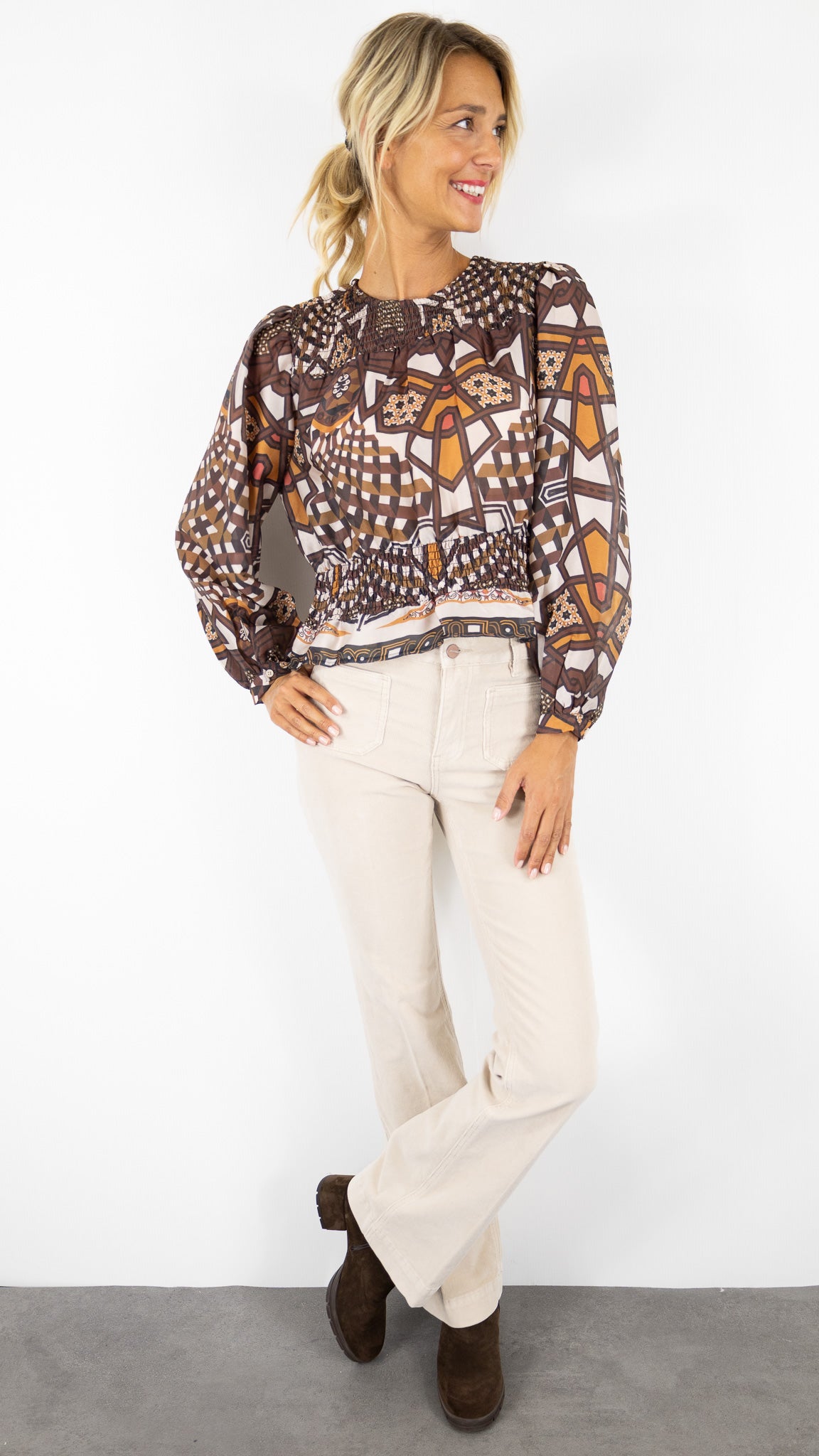 BLOUSE SMOCKEE IMPRIME ETHNIQUE MARRON FEMME FLUIDE AN'GE SALVAT