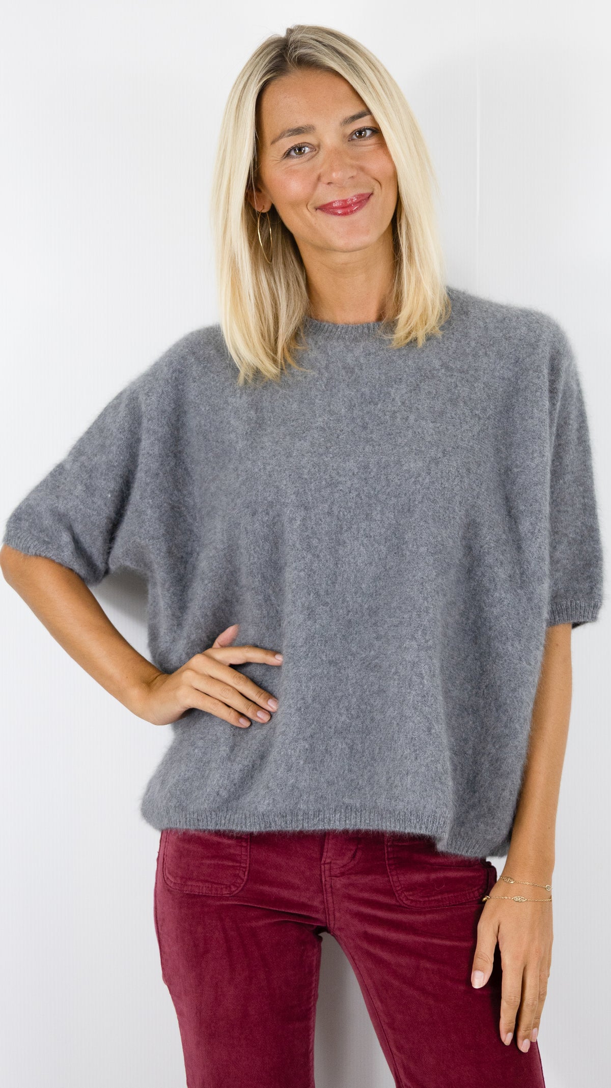 PULL AMPLE COL ROND MANCHES COURTES EN RACCOON POUR FEMME ESTHEME JF4W059R-1#COLOR_56202/HIBOU GRIS