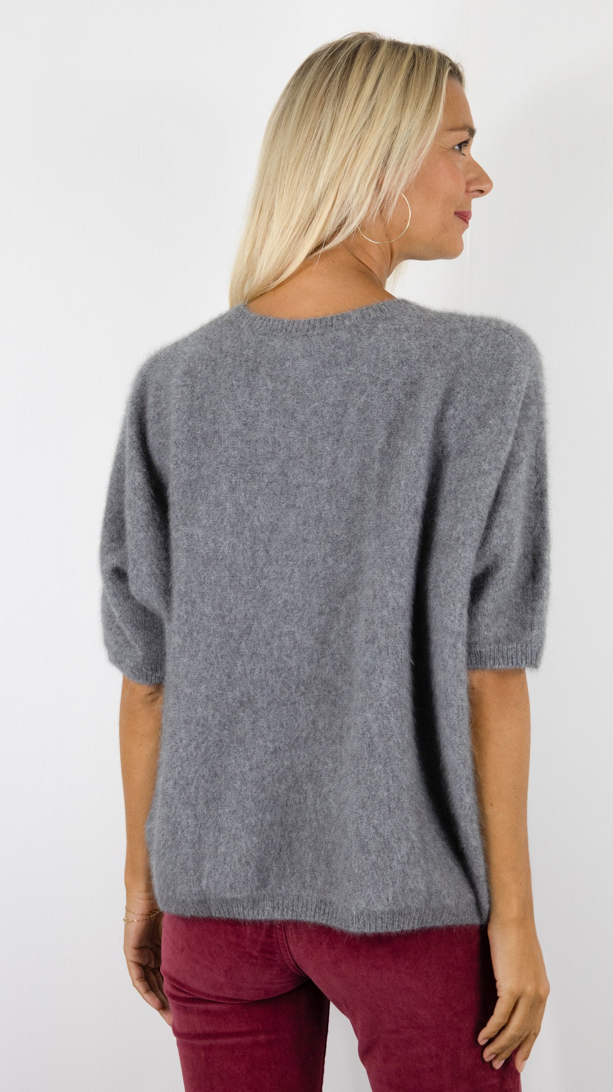 PULL AMPLE COL ROND MANCHES COURTES EN RACCOON POUR FEMME ESTHEME JF4W059R-1#COLOR_56202/HIBOU GRIS
