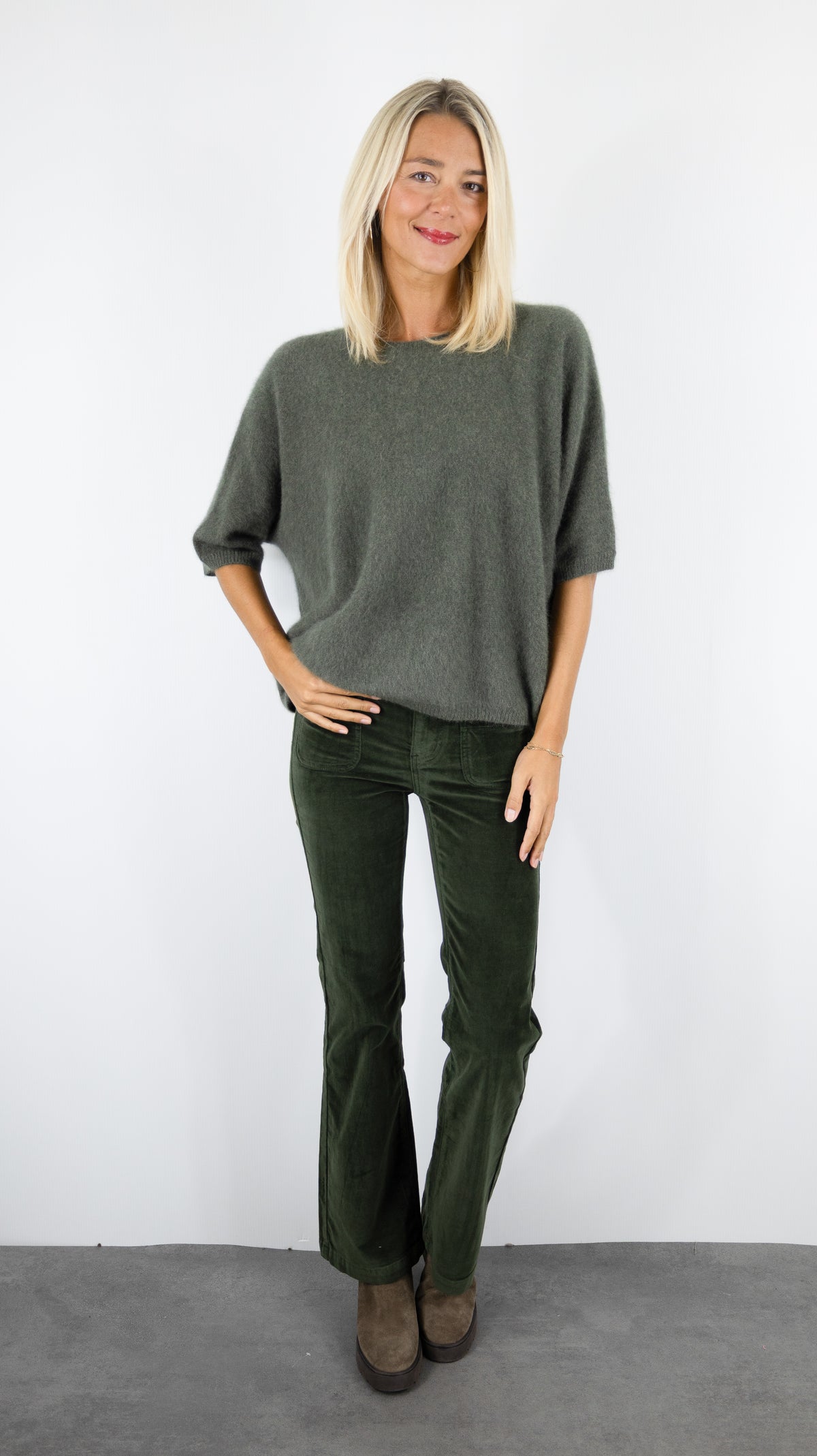 PULL AMPLE COL ROND MANCHES COURTES EN RACCOON POUR FEMME ESTHEME JF4W059R-1#COLOR_2109/VEGETAL KAKI