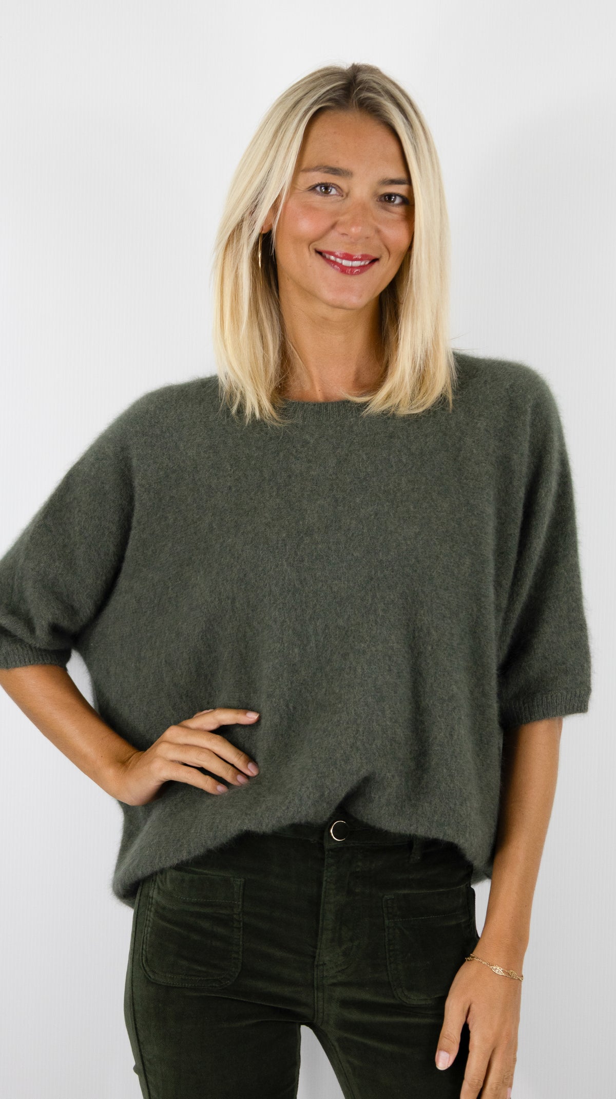 PULL AMPLE COL ROND MANCHES COURTES EN RACCOON POUR FEMME ESTHEME JF4W059R-1#COLOR_2109/VEGETAL KAKI