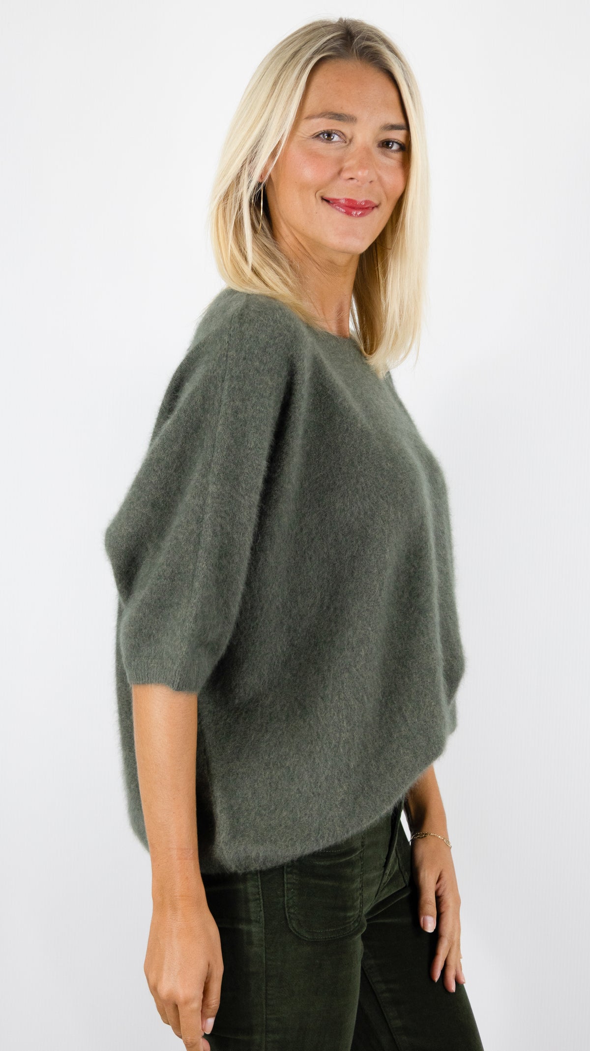 PULL AMPLE COL ROND MANCHES COURTES EN RACCOON POUR FEMME ESTHEME JF4W059R-1#COLOR_2109/VEGETAL KAKI