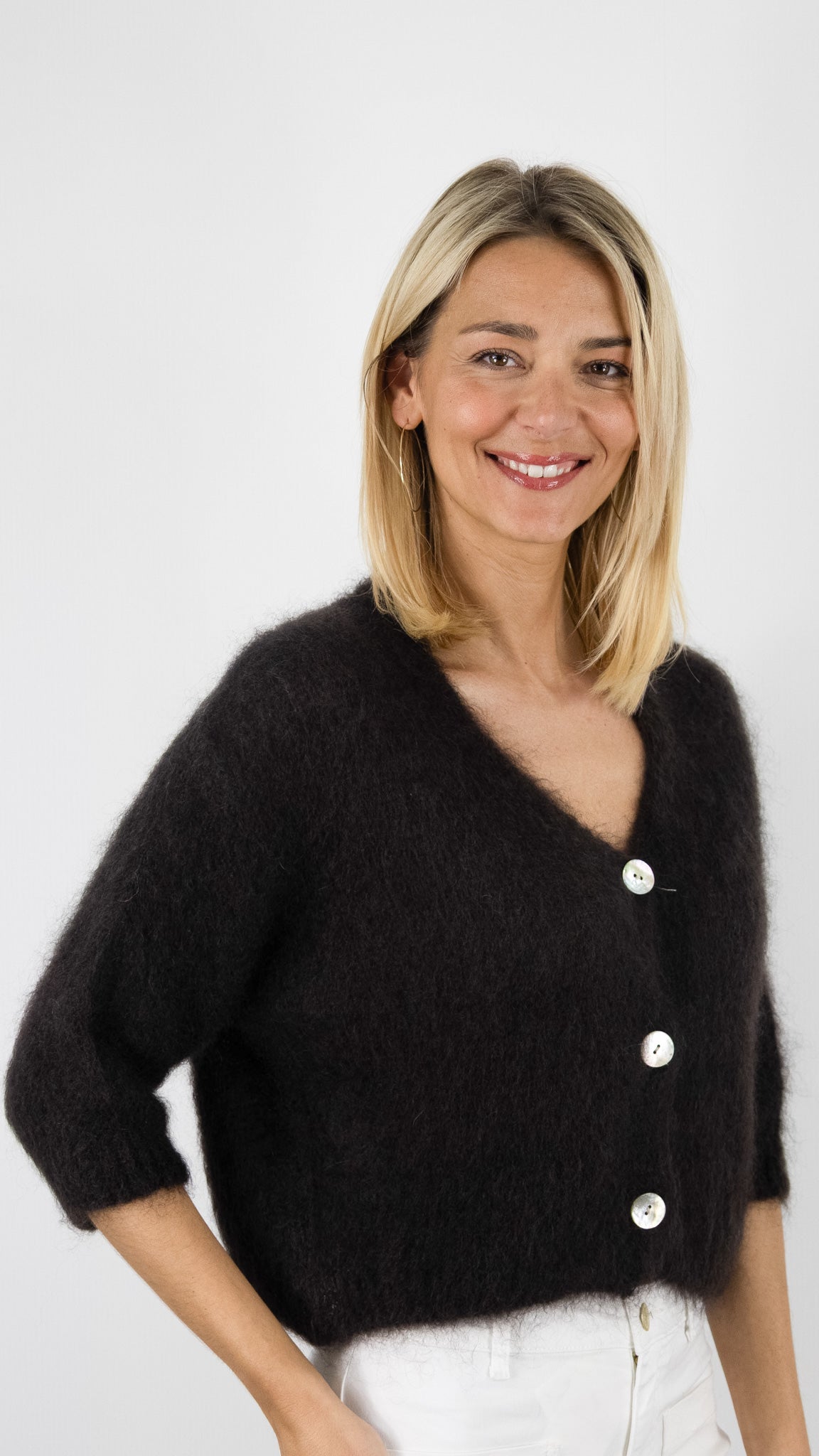GILET COL V MANCHES 3/4 EN KID MOHAIR POUR FEMME NAIS 24233#COLOR_Choco