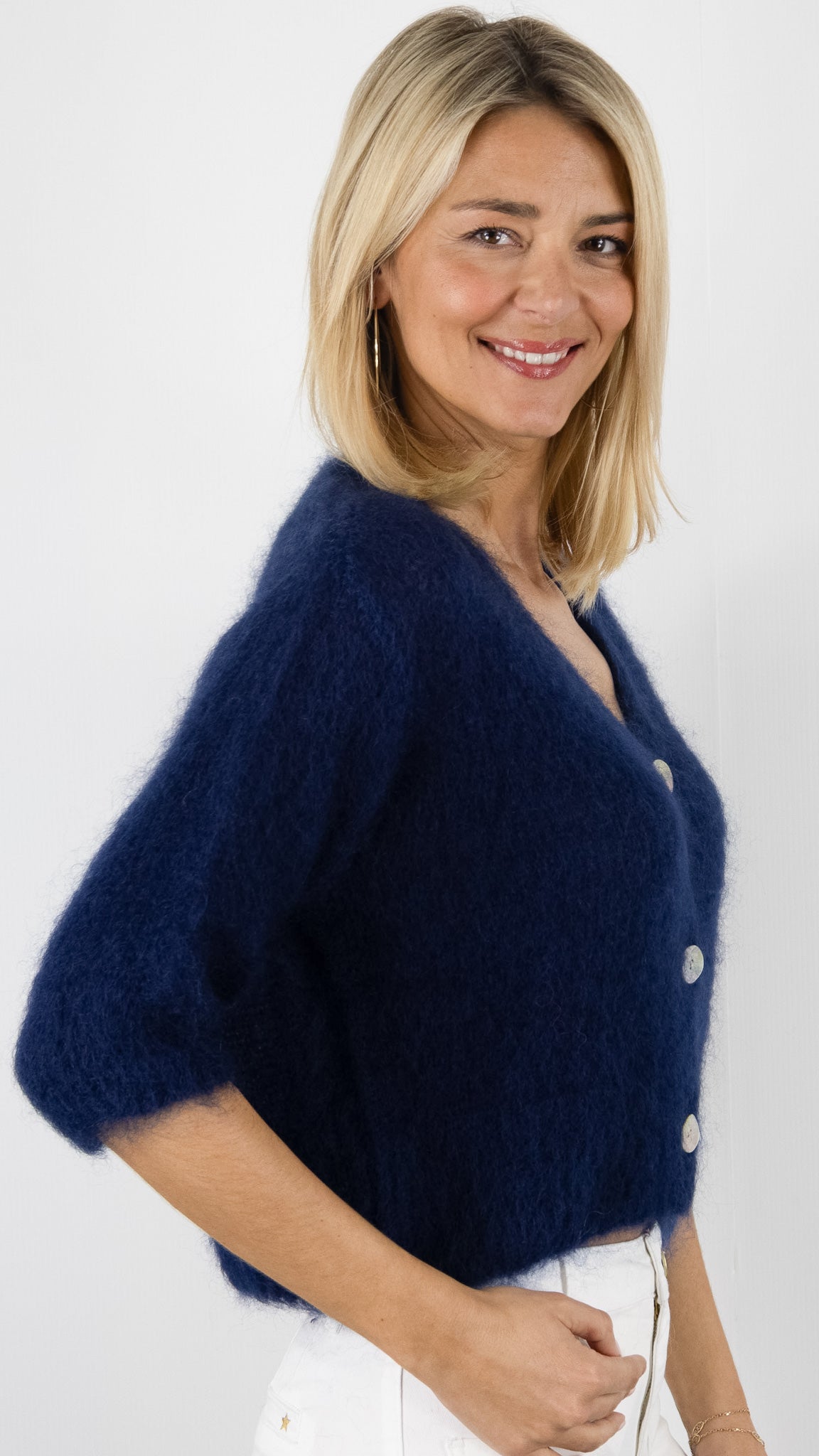 GILET COL V MANCHES 3/4 EN KID MOHAIR POUR FEMME NAIS 24233#COLOR_Marine
