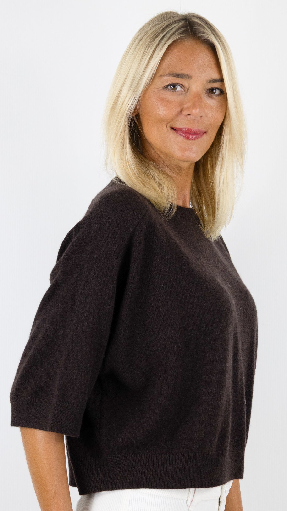 PULL COURT COL ROND MANCHES COURTES FEMME LILOU NOTSHY#COLOR_CHOCO