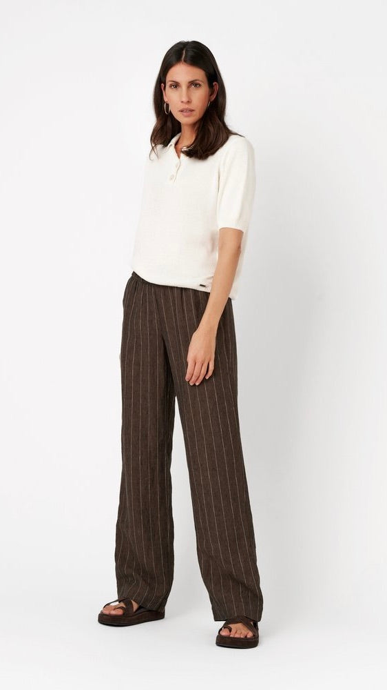PANTALON RAYE MARRON EN LIN POUR FEMME TONI 73-12/1818-4#COLOR_781/WOOD CHOCO