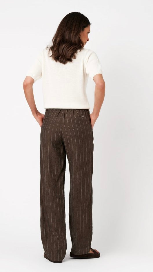 PANTALON RAYE MARRON EN LIN POUR FEMME TONI 73-12/1818-4#COLOR_781/WOOD CHOCO
