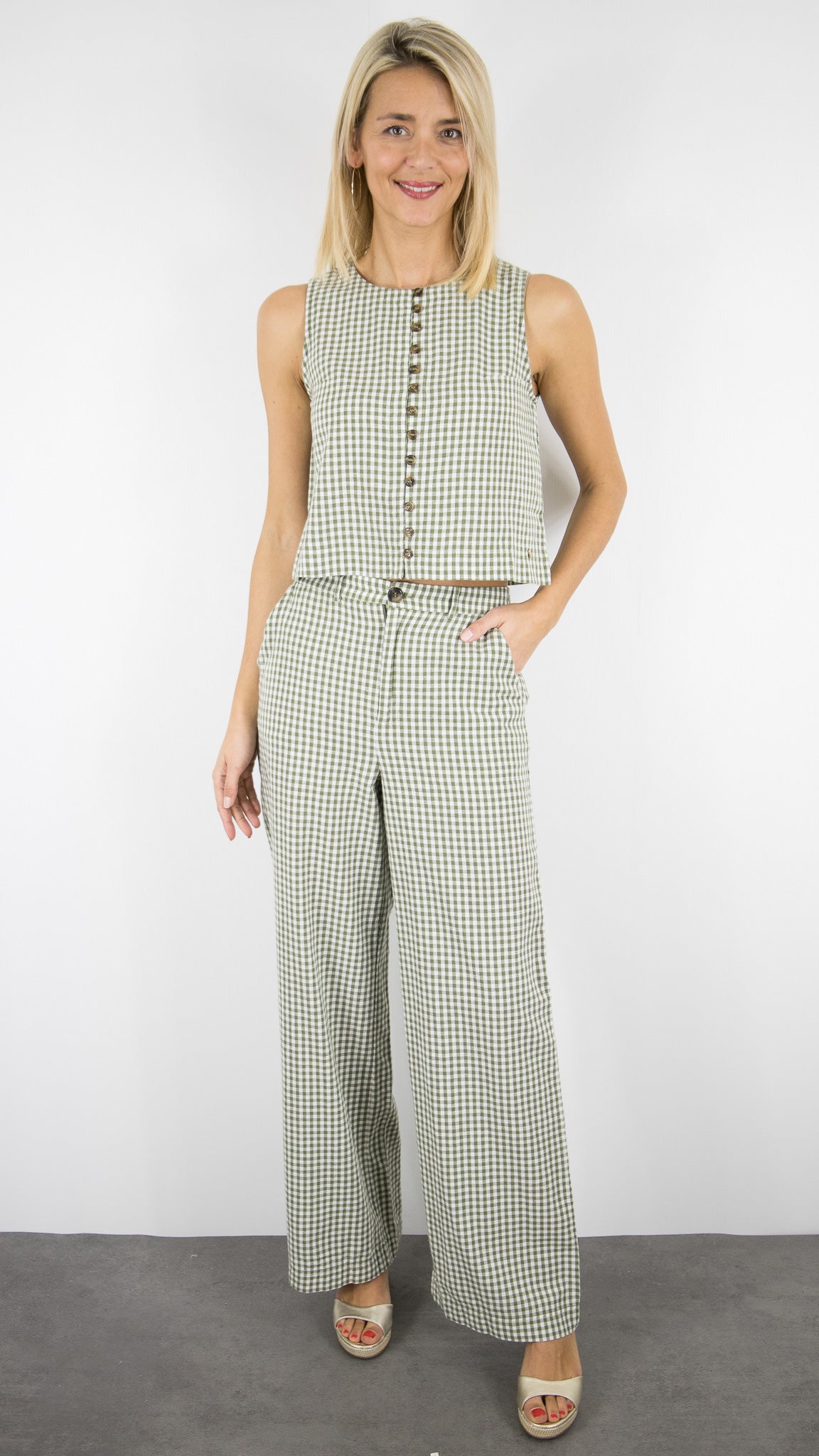 PANTALON EVASE VICHY VERT KAKI ECRU DES PETITS HAUTS UGUETA