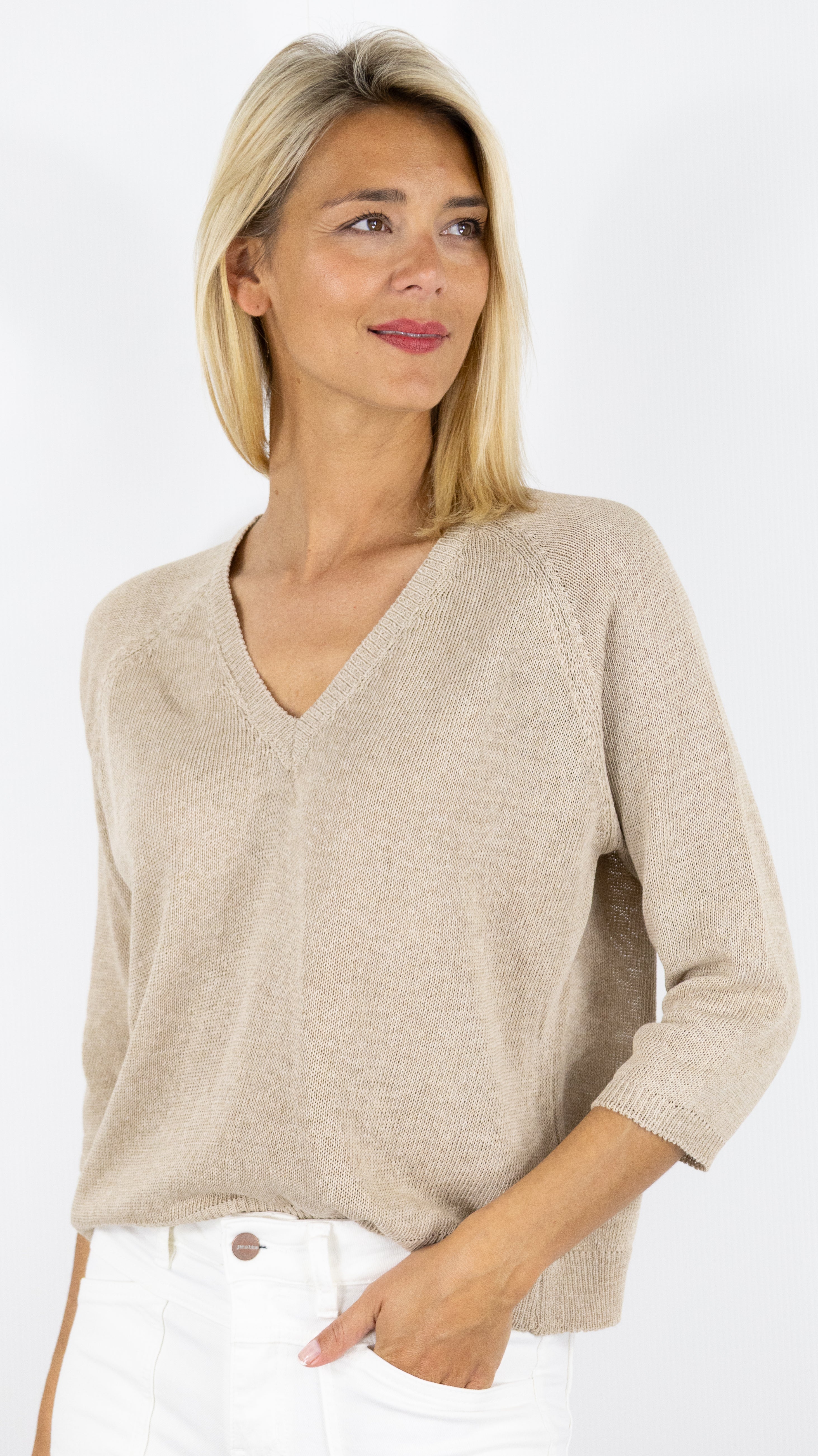 PULL V EN COTON ALEXANDRE LAURENT V8230#color_BEIGE FONCE