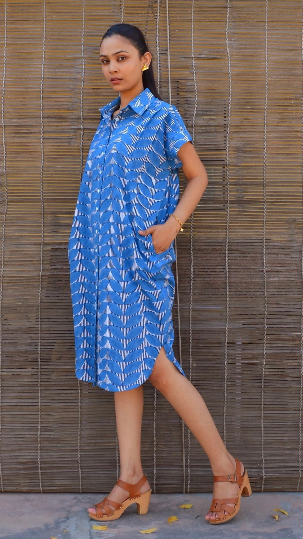 ROBE COL CHEMISE MANCHES COURTES IMPRIME EN COTON ZEN ETHIC VR6161#COLOR_BLUE