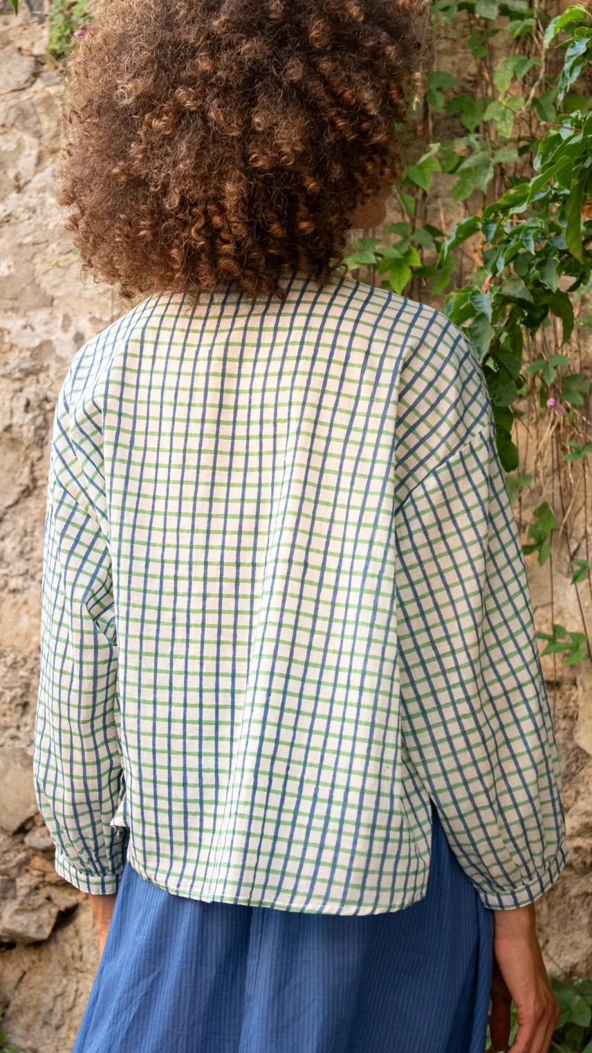 BLOUSE AMPLE ECOSSAISE EN COTON ZEN ETHIC VT6137#color_BLUE/GREEN