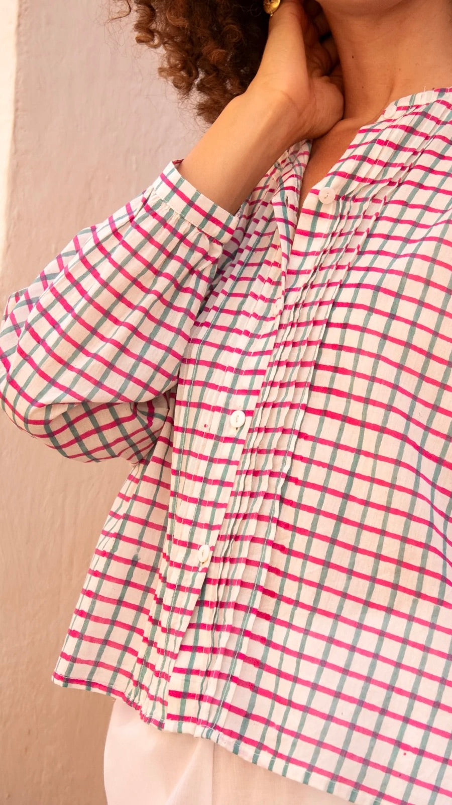 BLOUSE AMPLE ECOSSAISE EN COTON ZEN ETHIC VT6137#color_GREEN/PINK