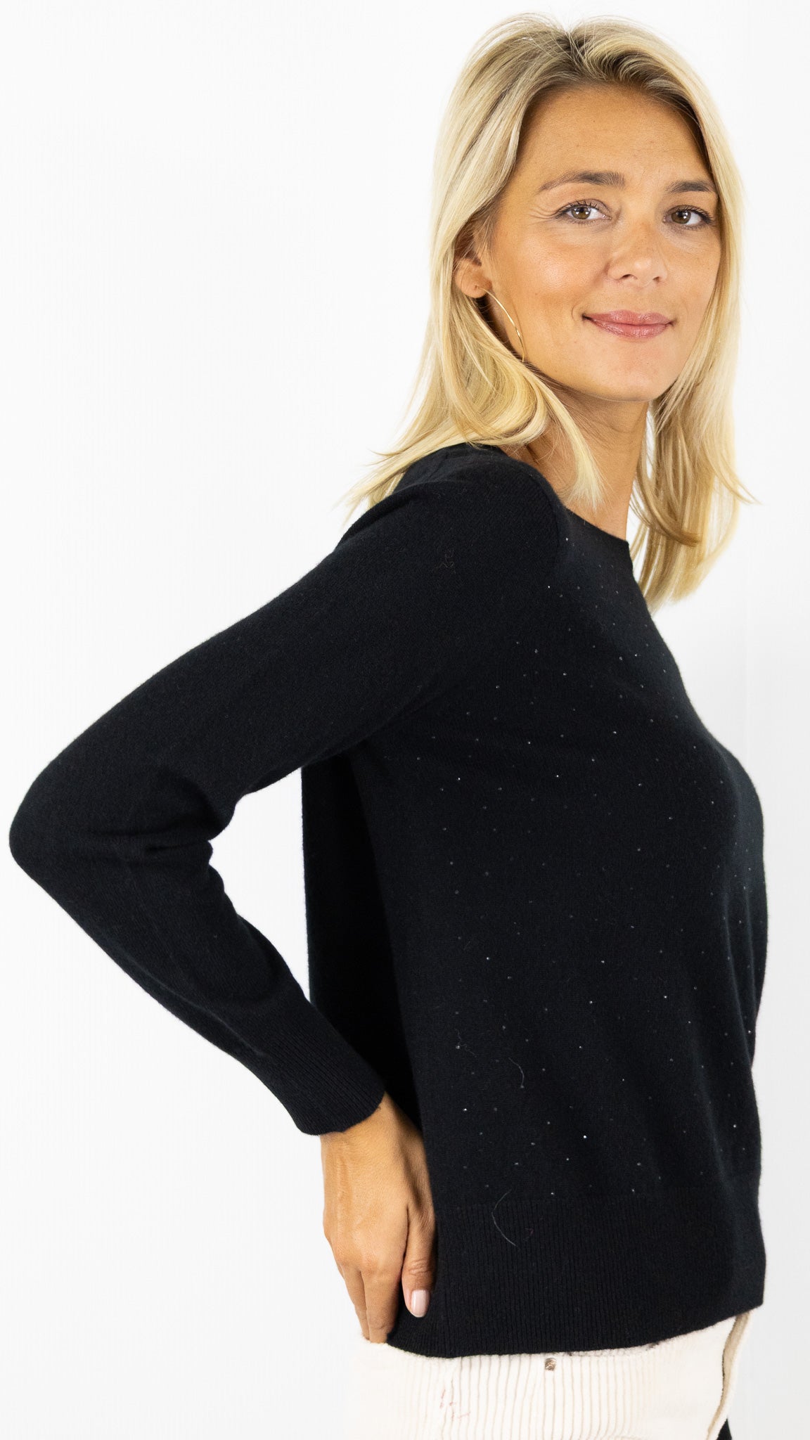PULL COL ROND EN CACHEMIRE AVEC STRASS POUR FEMME  ESTHEME WES25089H#COLOR_6148/NOIR