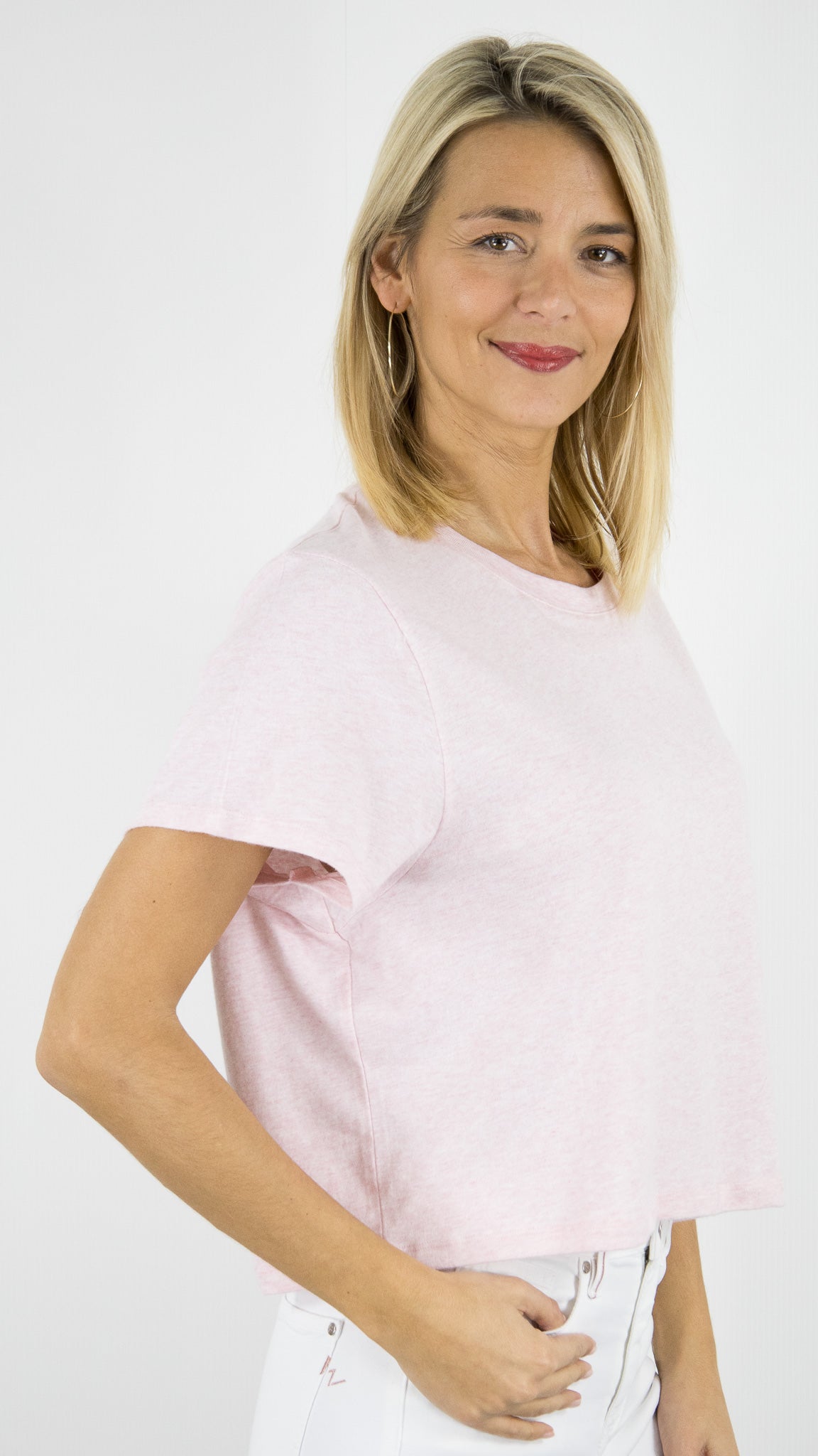 TEE-SHIRT COURT MANCHES COURTES EN COTON POUR FEMME AMERICAN VINTAGE YPAWOOD#COLOR_GLACAGE CHINE/ROSE