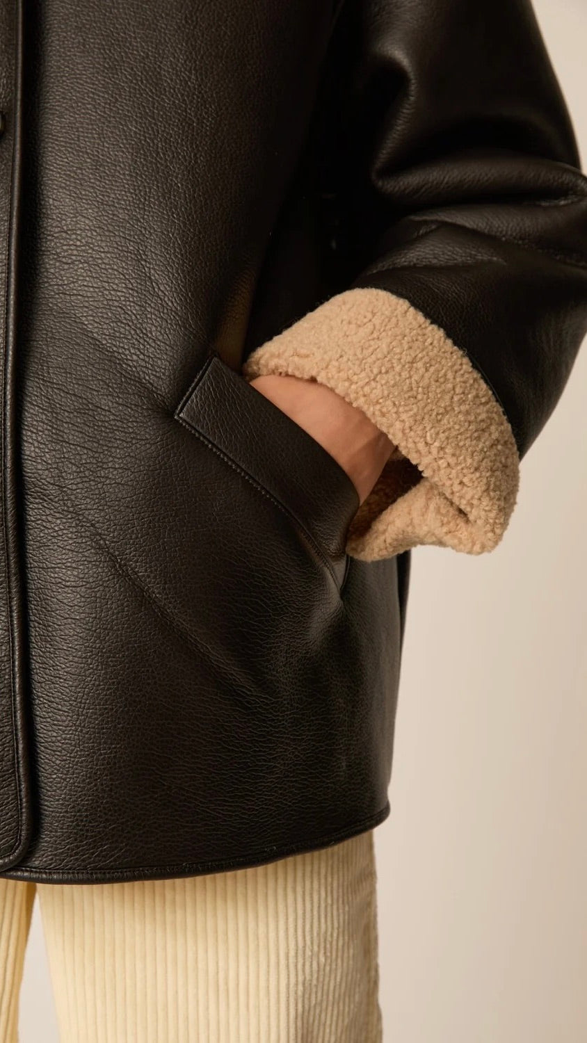 MANTEAU EN FAUX CUIR AVEC COL MOUTON MARRON POUR FEMME DES PETITS HAUTS YULIA