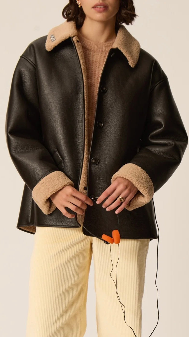 MANTEAU EN FAUX CUIR AVEC COL MOUTON MARRON POUR FEMME DES PETITS HAUTS YULIA