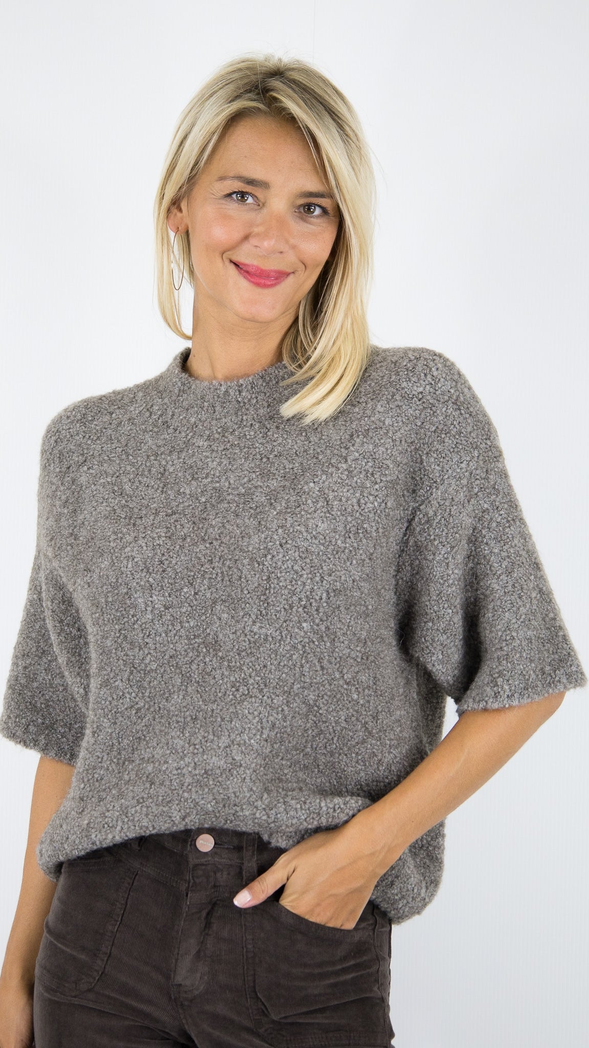 PULL BOUCLETTE TAUPE MANCHES 3/4 POUR FEMME AMERICAN VINTAGE ZOLLY