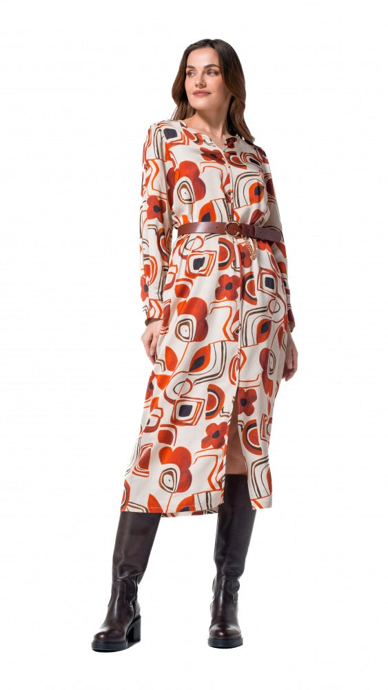 ROBE MIDI IMPRIMEE 4121 CAROLINE BISS BEIGE ORANGE