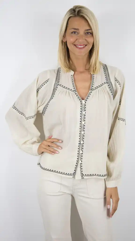 BLOUSE LA PETITE ÉTOILE EN COTON AVEC BOUTON ET COL V STYLE BOHÈME 11/ECRU NOIR