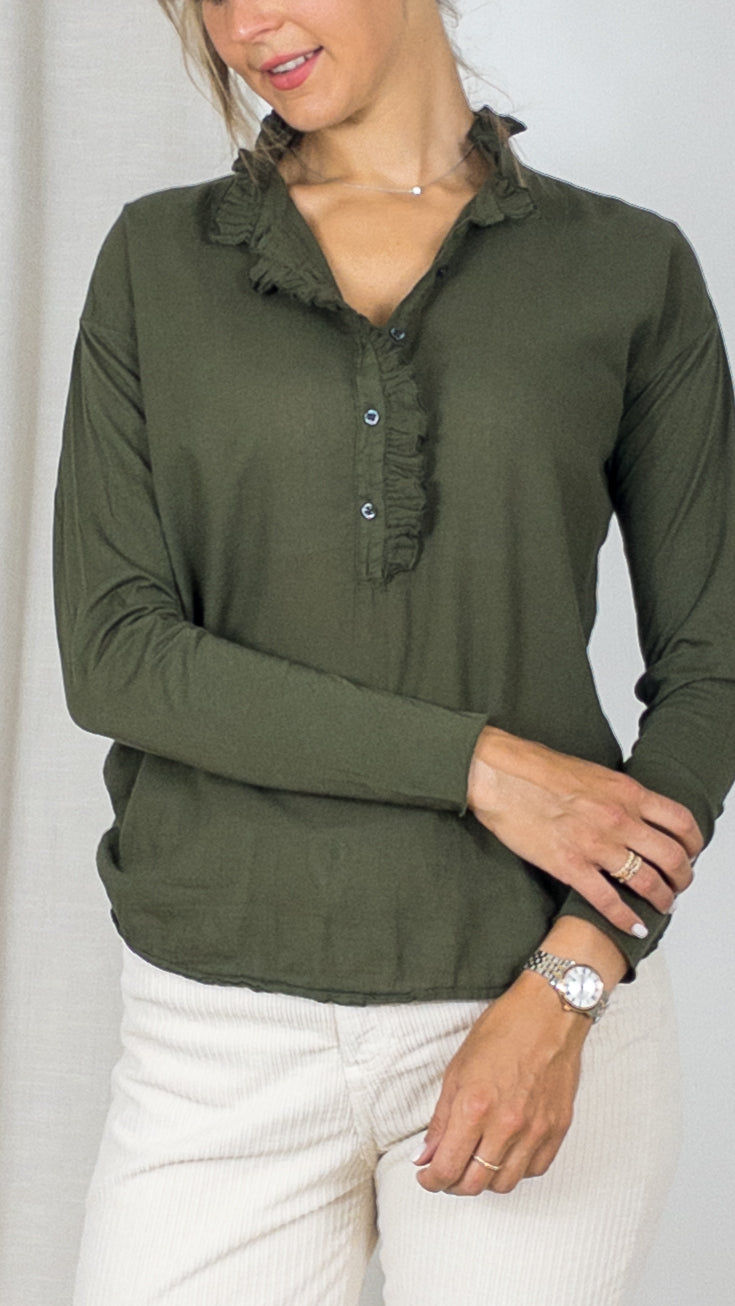 BLOUSE ENCOLURE VOLANTEE HARTFORD TUNNIS ARMY KAKI 