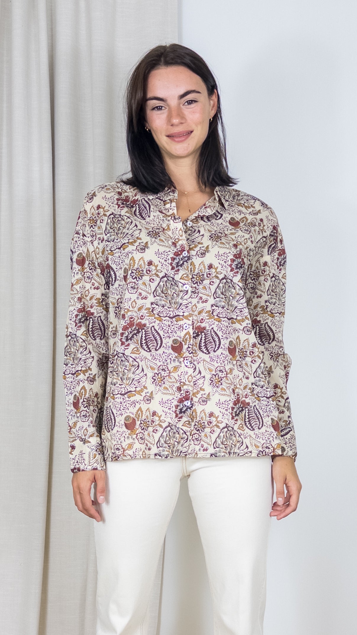 CHEMISE IMPRIMEE EN COTON CURIE JANE BLUE BEIGE ECRU