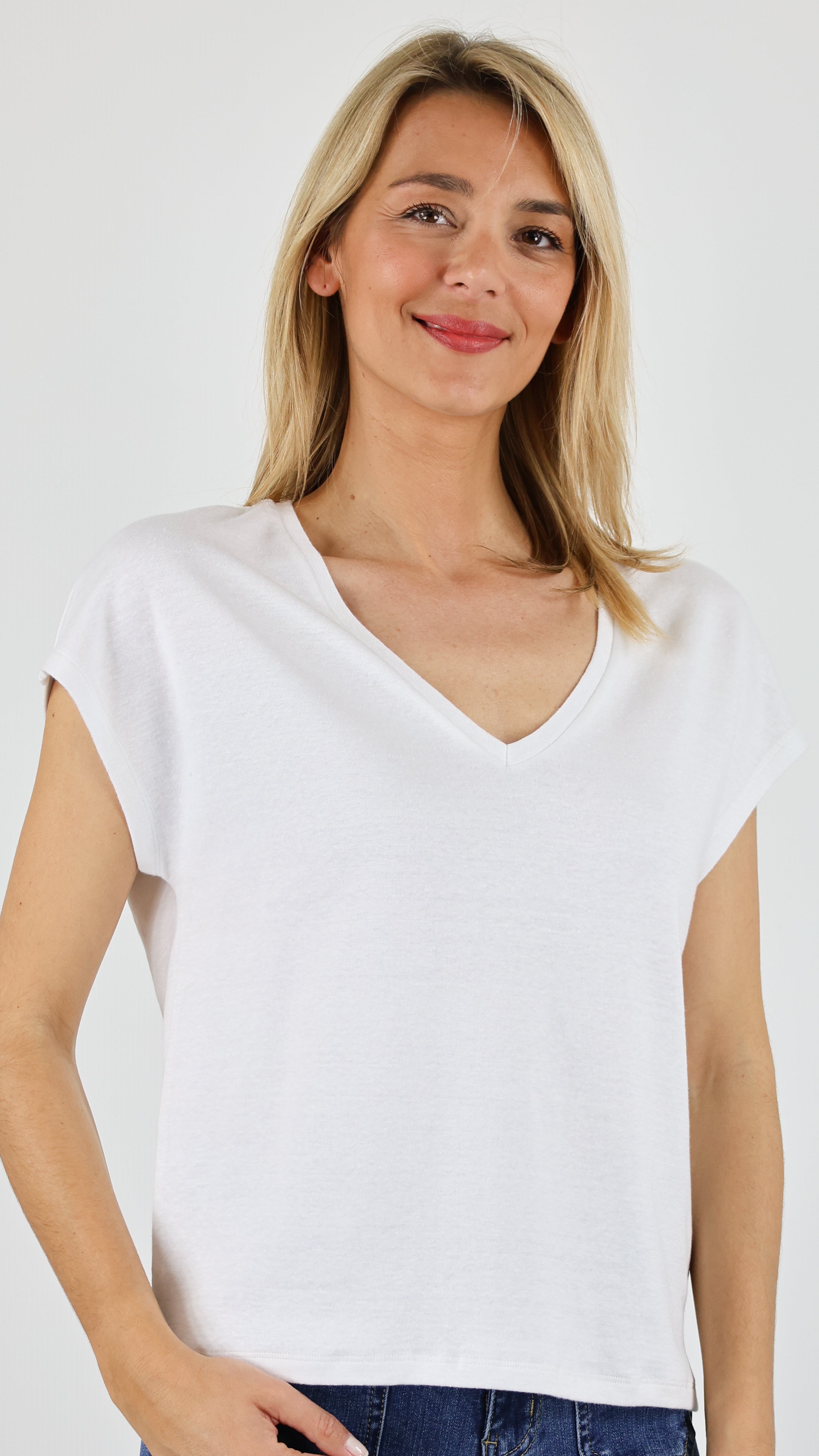 TEE SHIRT V BI MATIERE EN LIN MAJESTIC FTS159 M395 BLANC