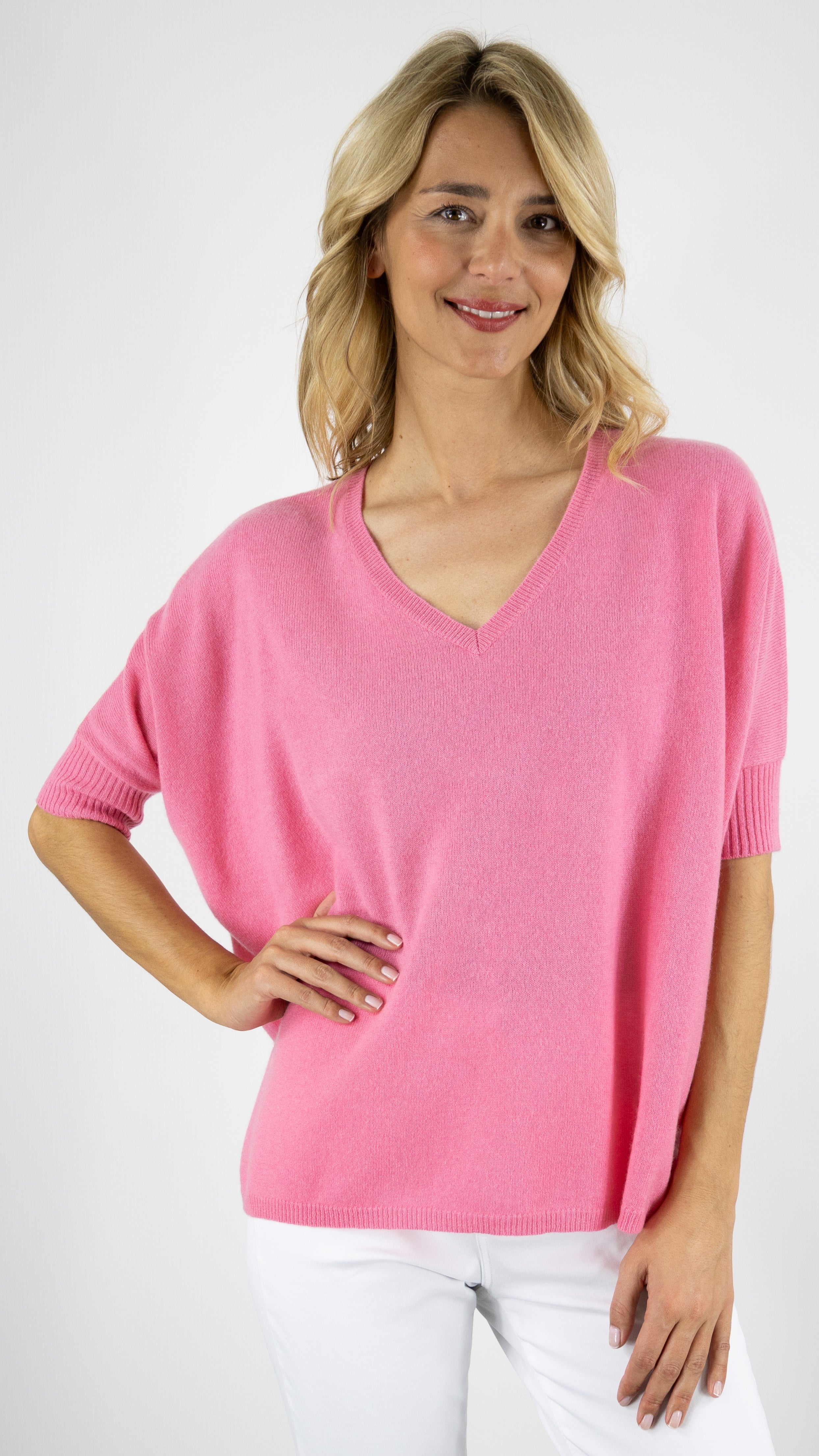 PULL V MANCHES COURTES EN CACHEMIRE NOT SHY AIMEE ROSE#color_PINK PARADISE/ROSE