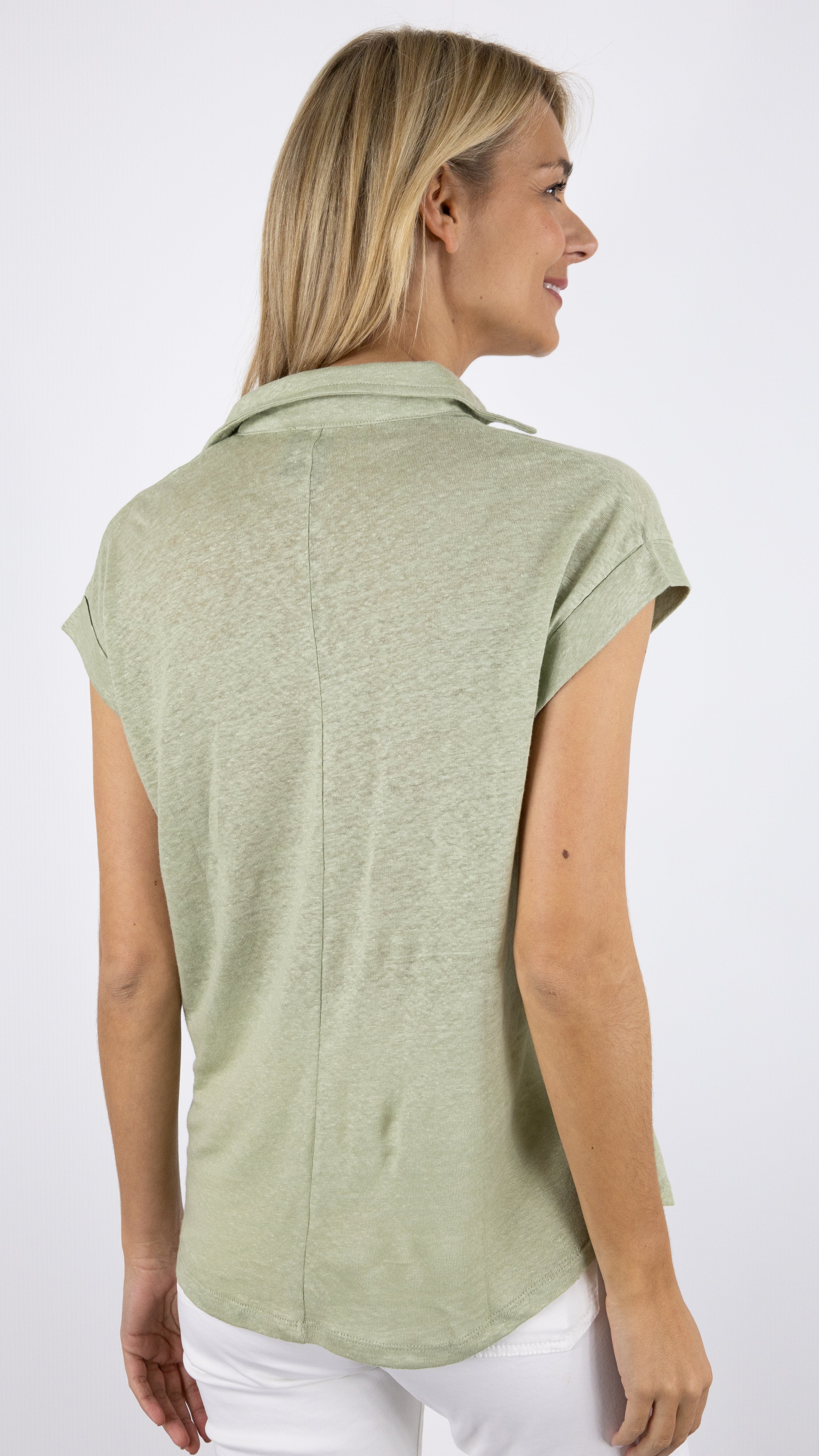 TEE SHIRT COL POLO EN LIN VALENTINA NOT SHY OLIVE#color_olive