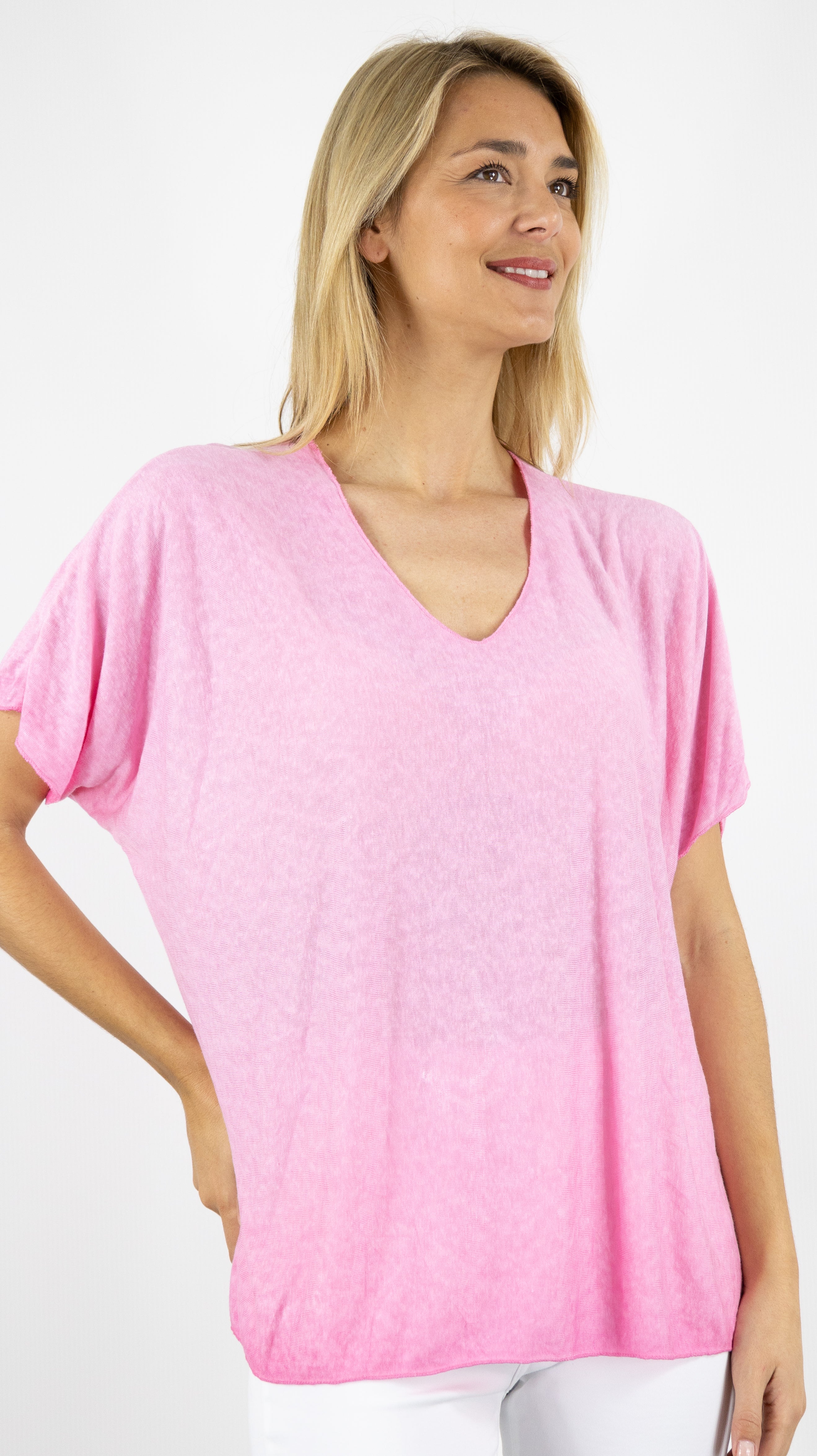TEE SHIRT AMPLE MANCHES COURTES COL V ANDROMEDE 652224#color_rose