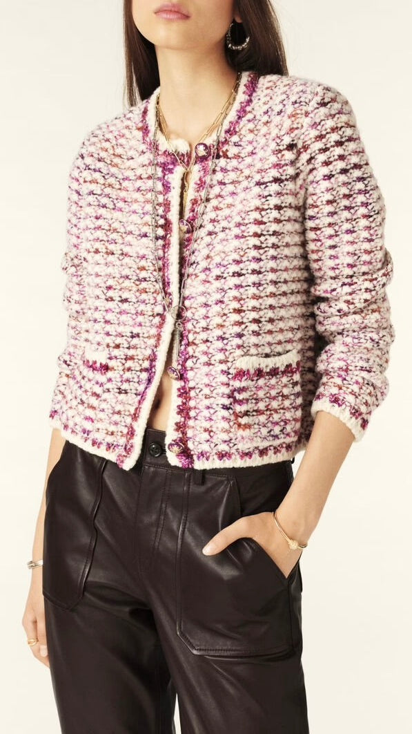 CARDIGAN EN LAINE CHINE BELONIE BASH ECRU BORDEAU