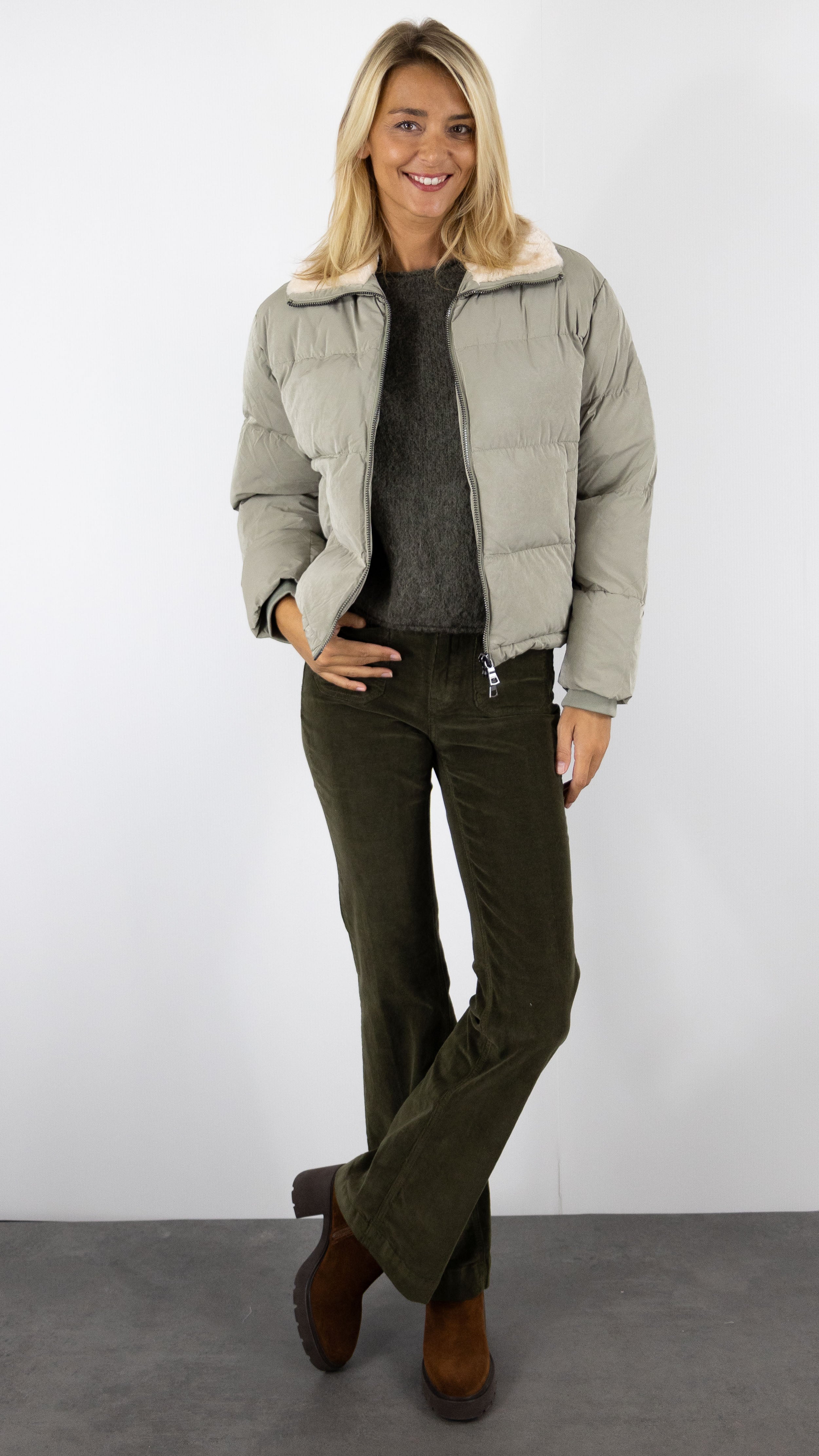 VESTE COURTE EFFET BOMBERS COL FOURRURE GOODY BLONDE N°8 KAKI CLAIR 