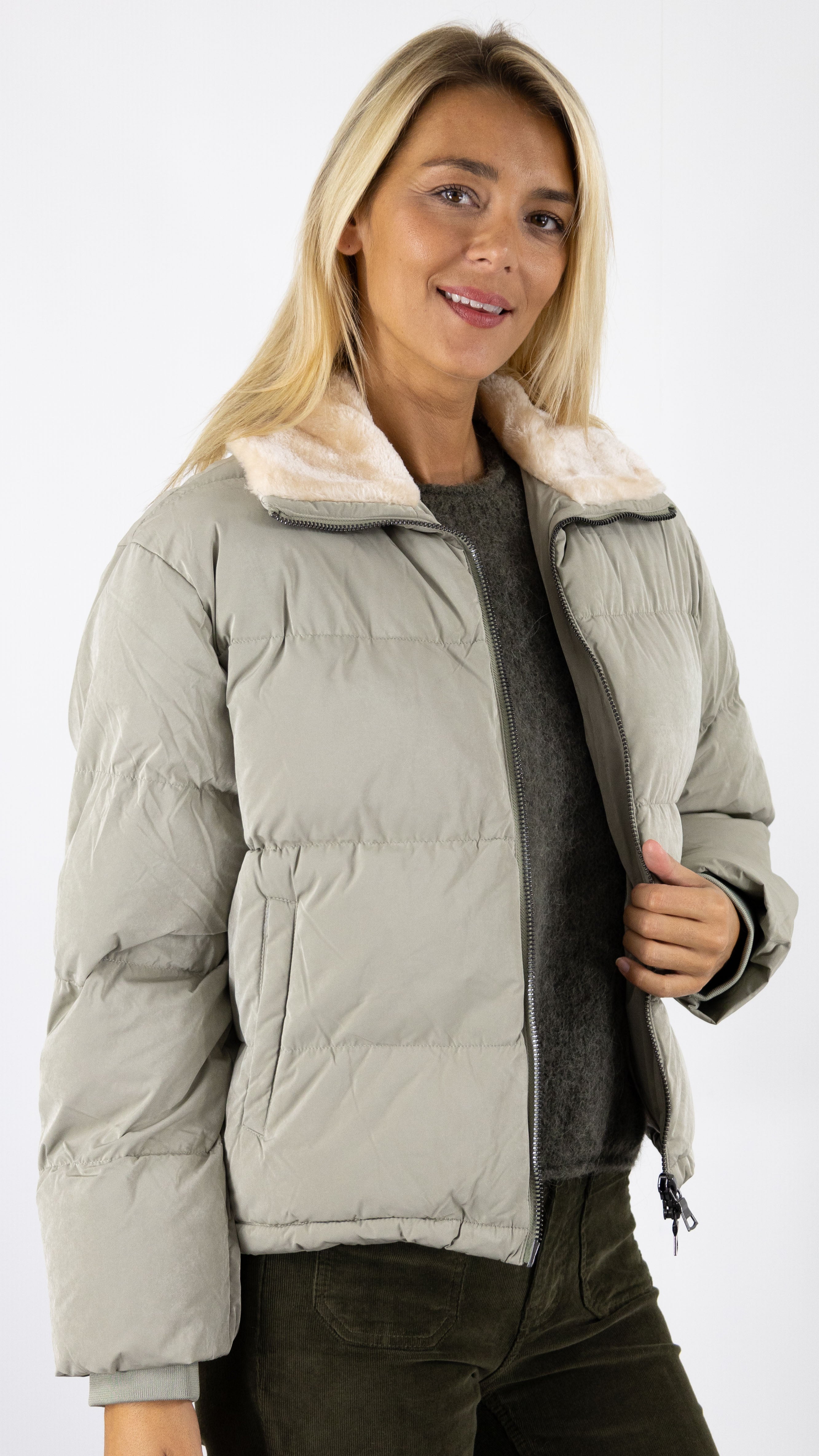 VESTE COURTE EFFET BOMBERS COL FOURRURE GOODY BLONDE N°8 KAKI CLAIR 