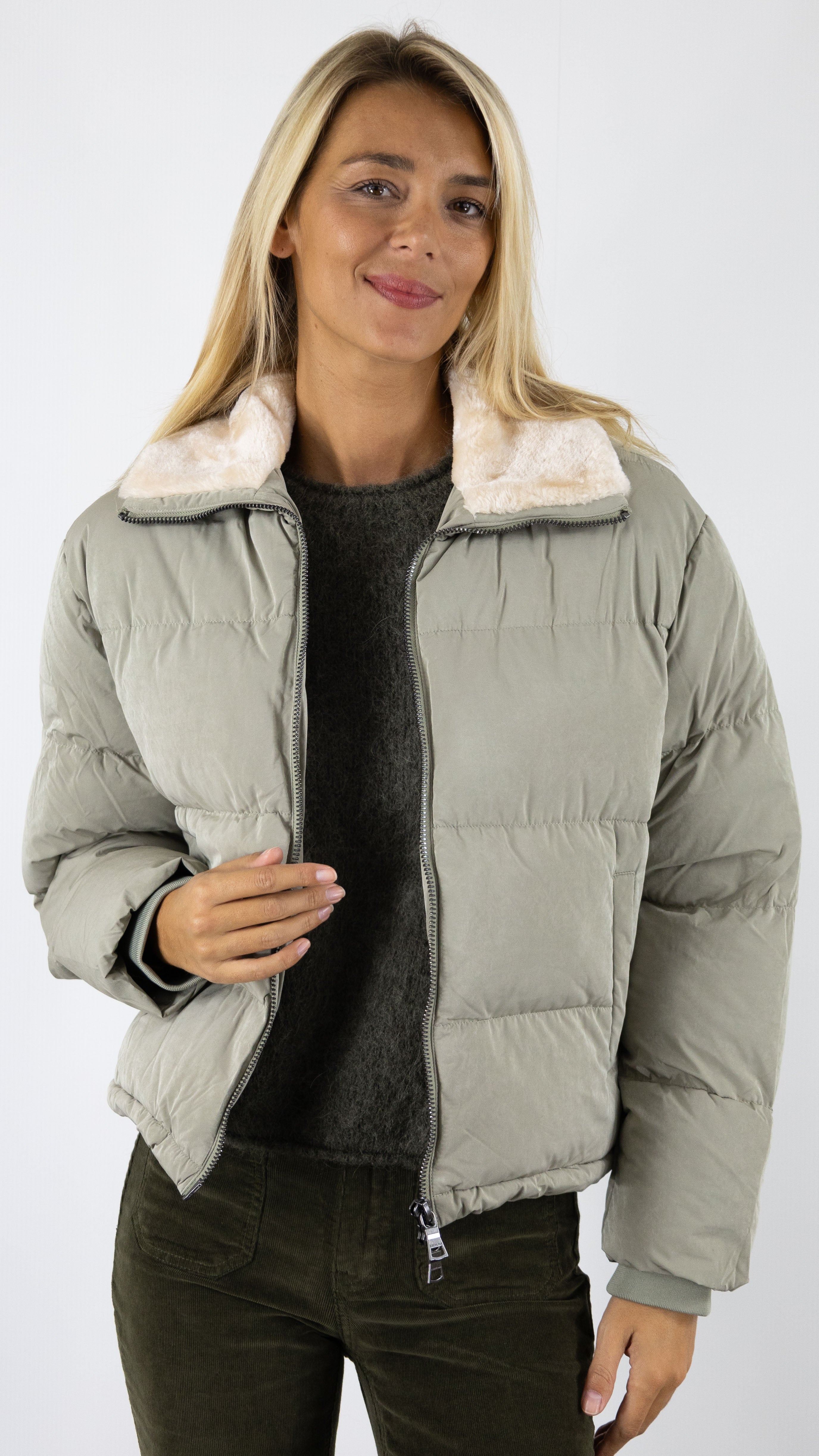 VESTE COURTE EFFET BOMBERS COL FOURRURE GOODY BLONDE N°8 KAKI CLAIR 